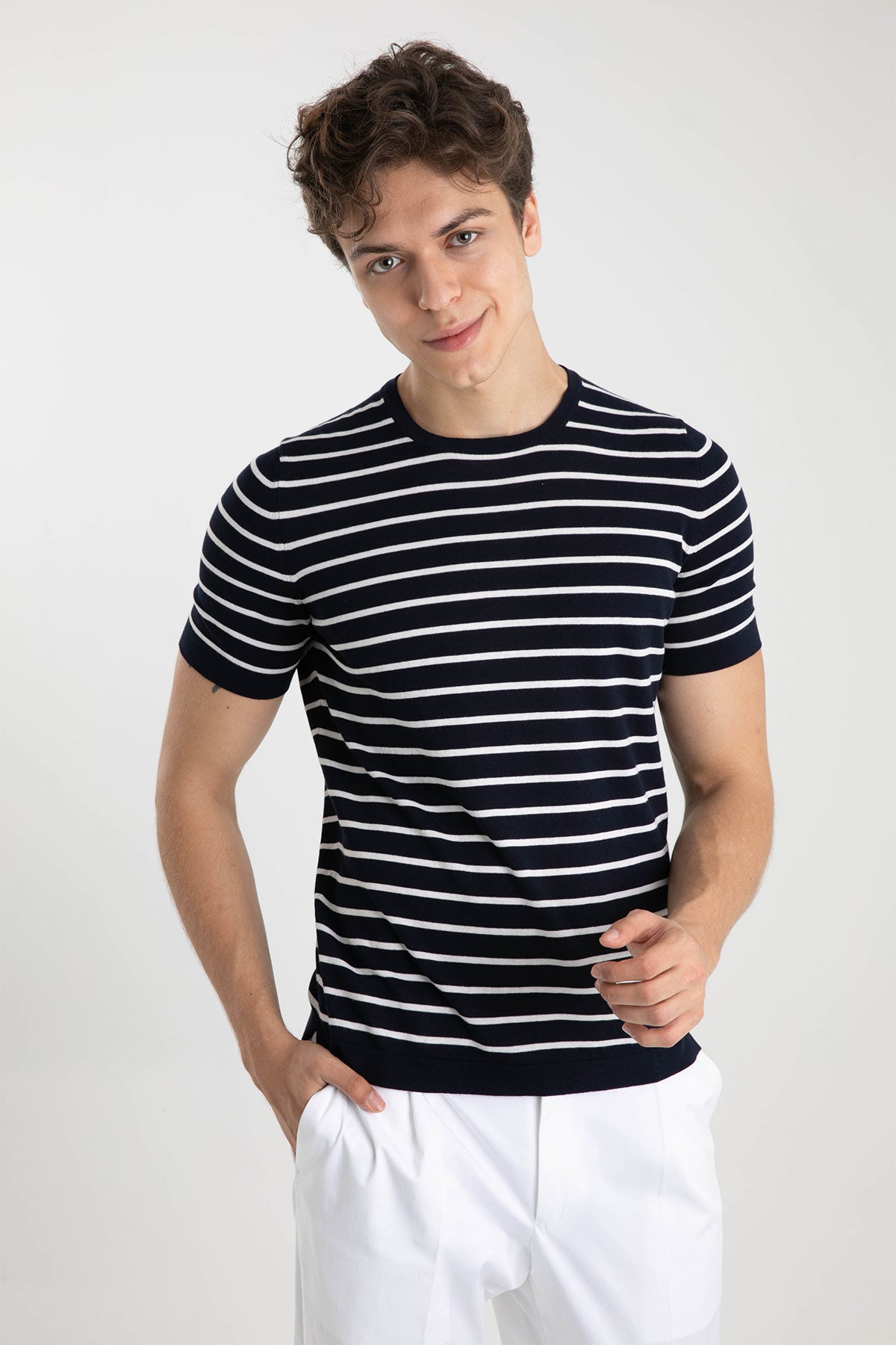 Gran Sasso Yuvarlak Yaka Marin Çizgili T-shirt-Libas Trendy Fashion Store