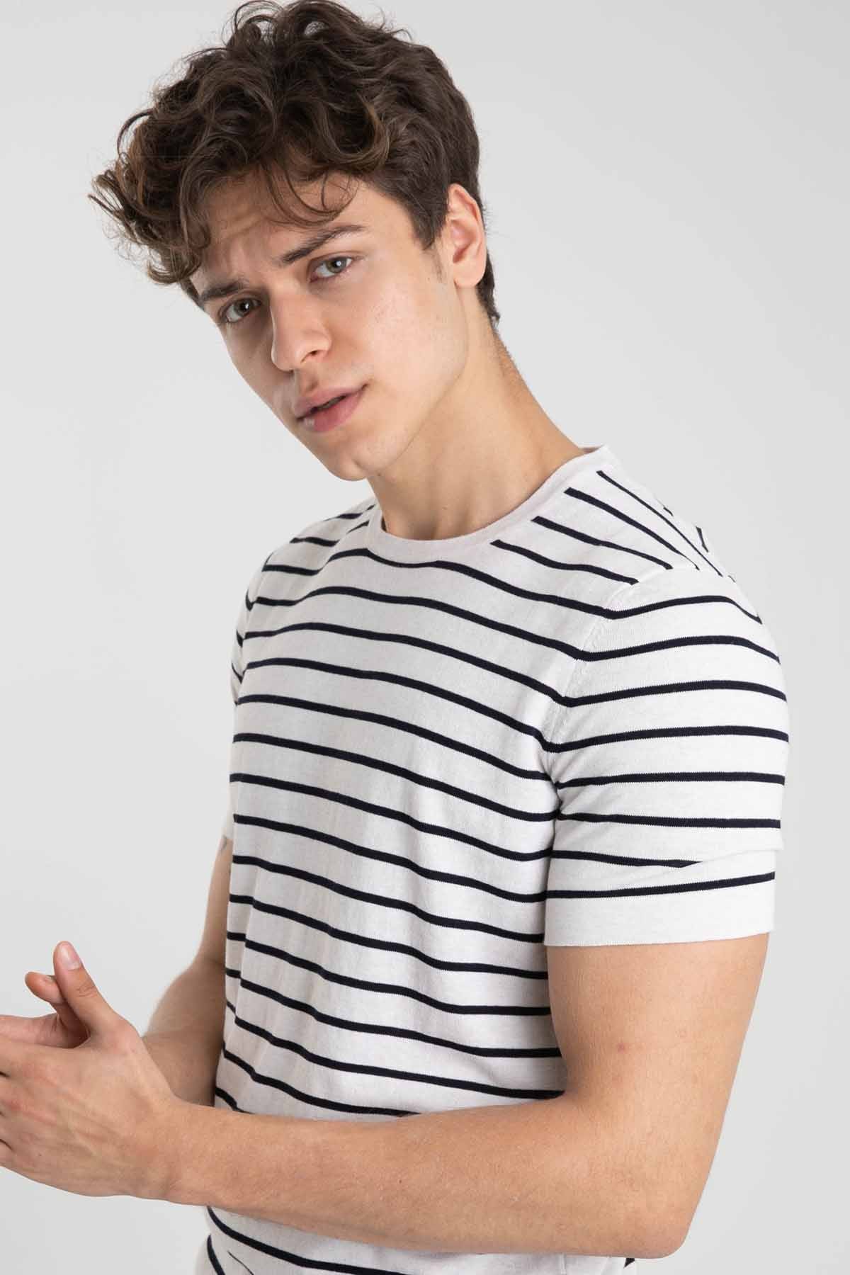 Gran Sasso Yuvarlak Yaka Marin Çizgili T-shirt-Libas Trendy Fashion Store