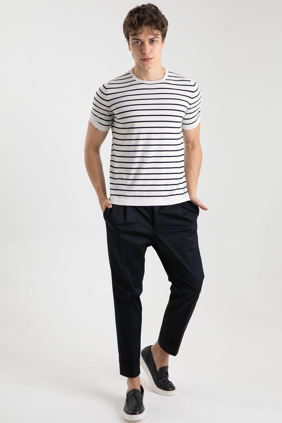 Gran Sasso Yuvarlak Yaka Marin Çizgili T-shirt-Libas Trendy Fashion Store