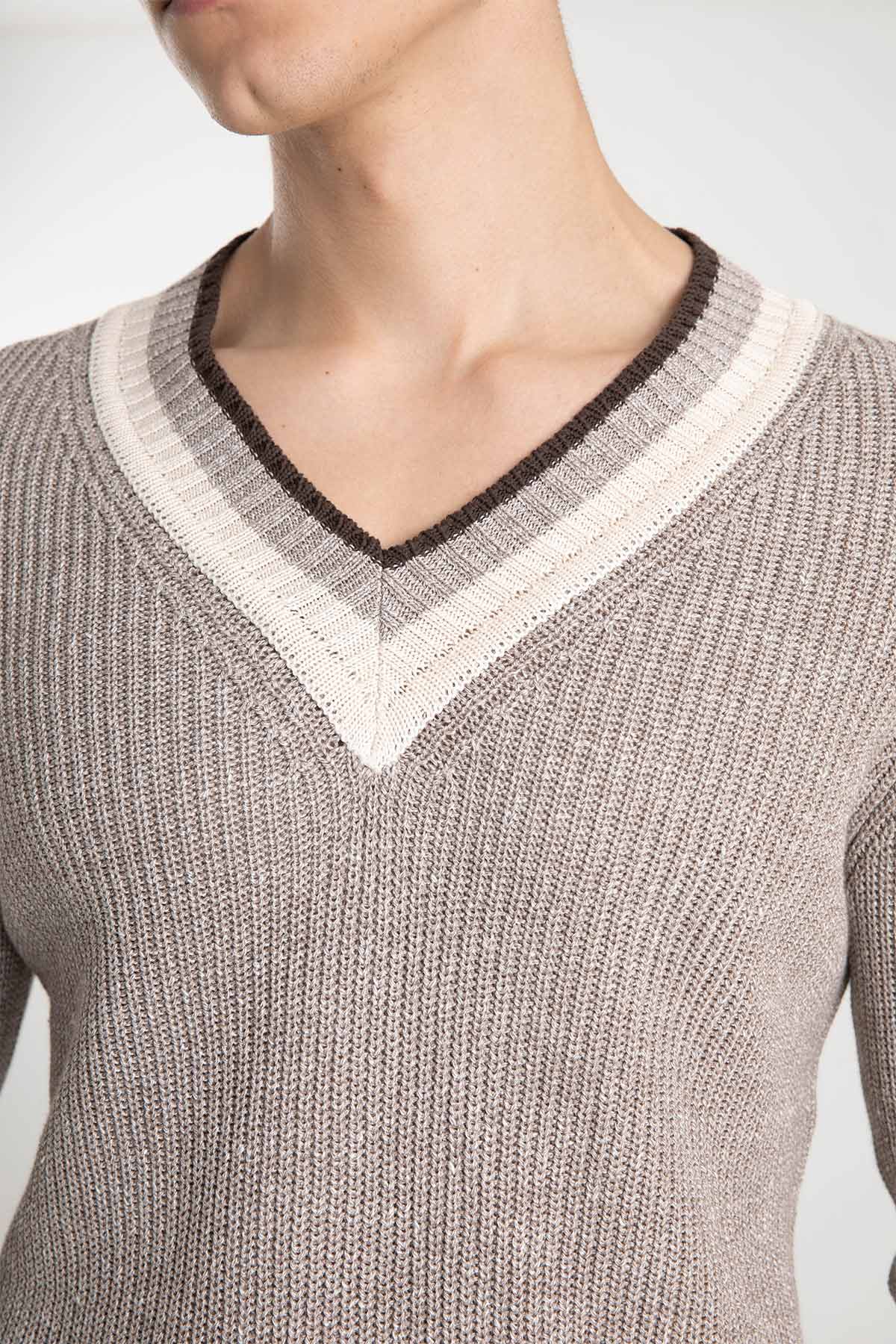 Gran Sasso V Yaka Keten Karışımlı Örgü Triko-Libas Trendy Fashion Store