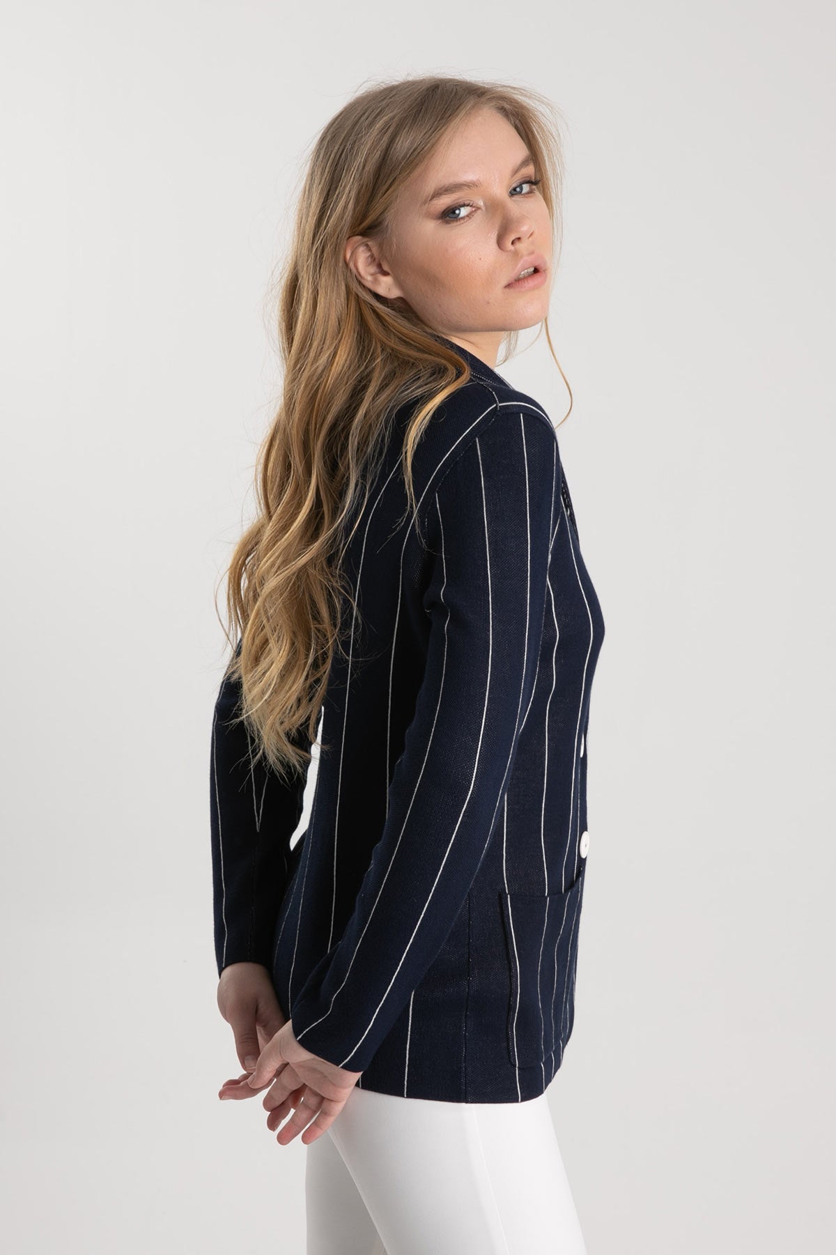 Tonet Kruvaze Çizgili Marin Ceket-Libas Trendy Fashion Store