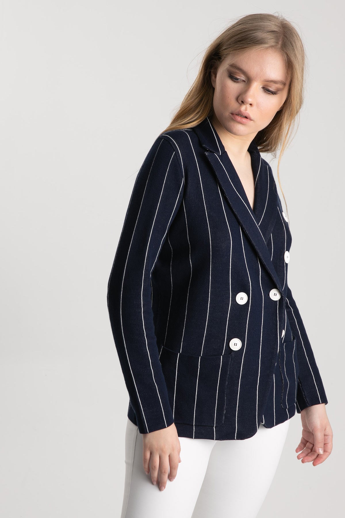 Tonet Kruvaze Çizgili Marin Ceket-Libas Trendy Fashion Store