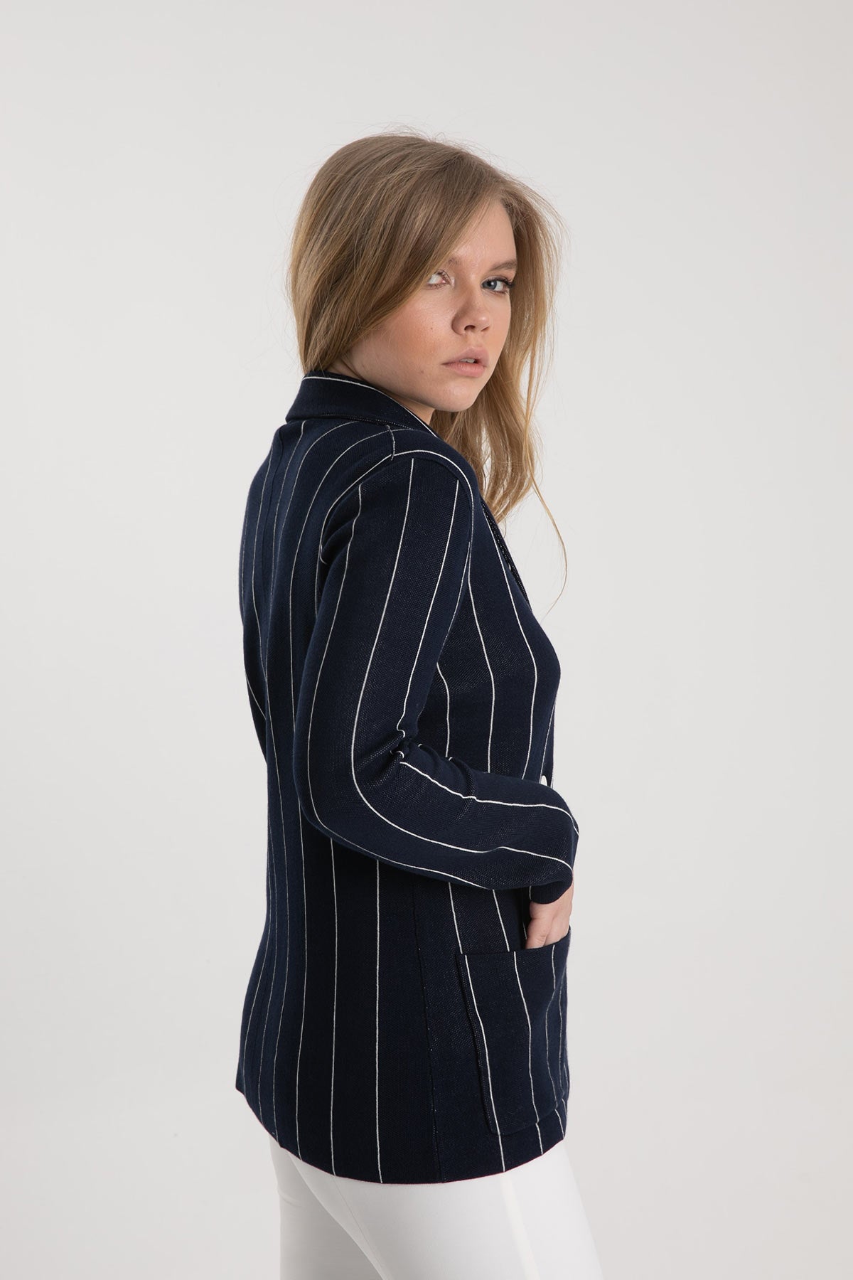 Tonet Kruvaze Çizgili Marin Ceket-Libas Trendy Fashion Store