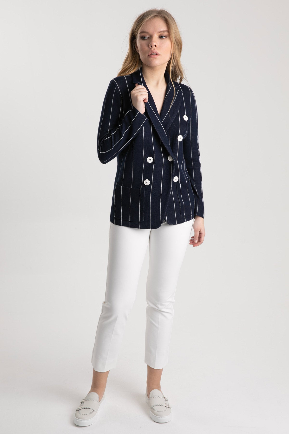 Tonet Kruvaze Çizgili Marin Ceket-Libas Trendy Fashion Store