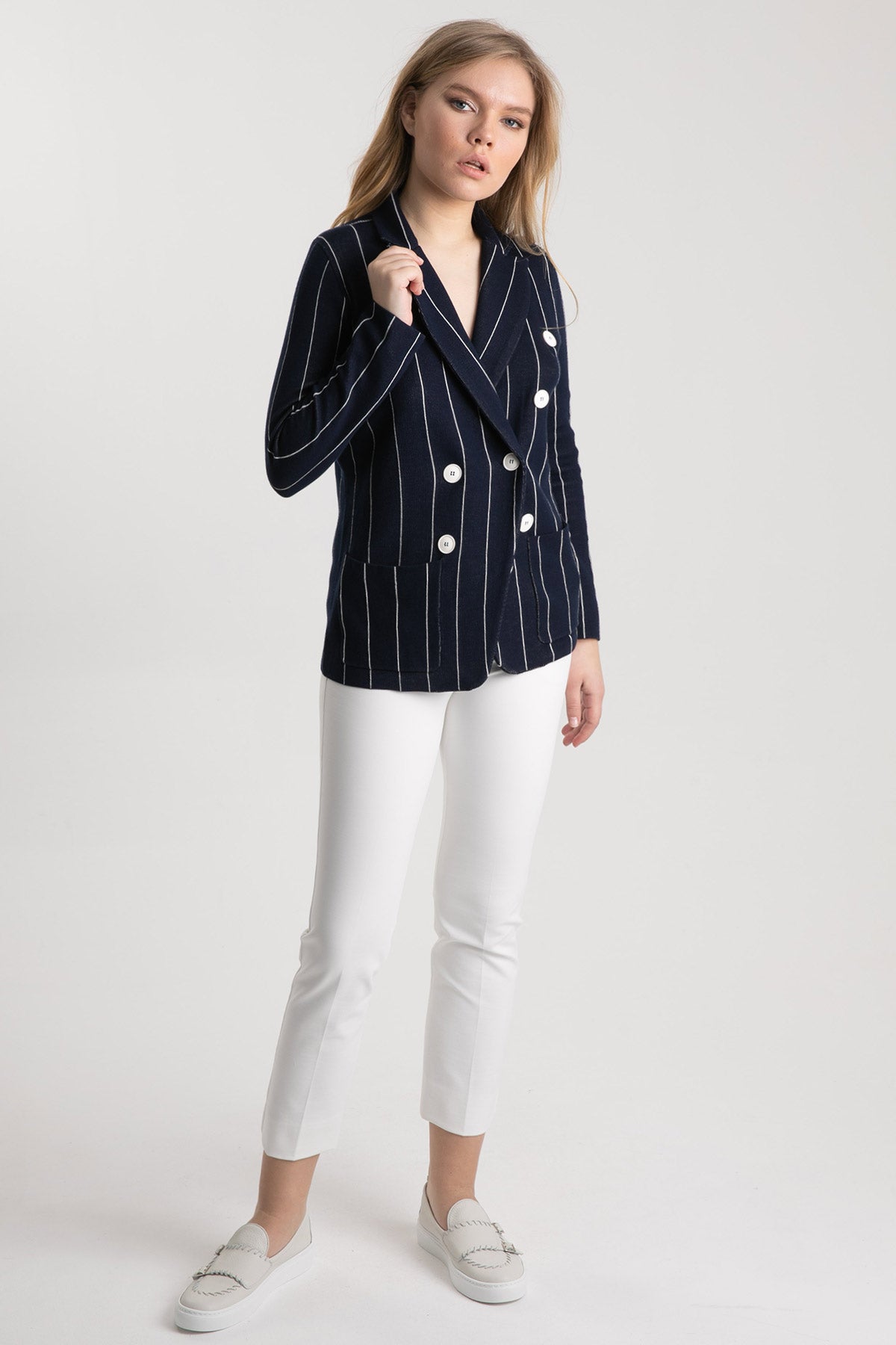 Tonet Kruvaze Çizgili Marin Ceket-Libas Trendy Fashion Store