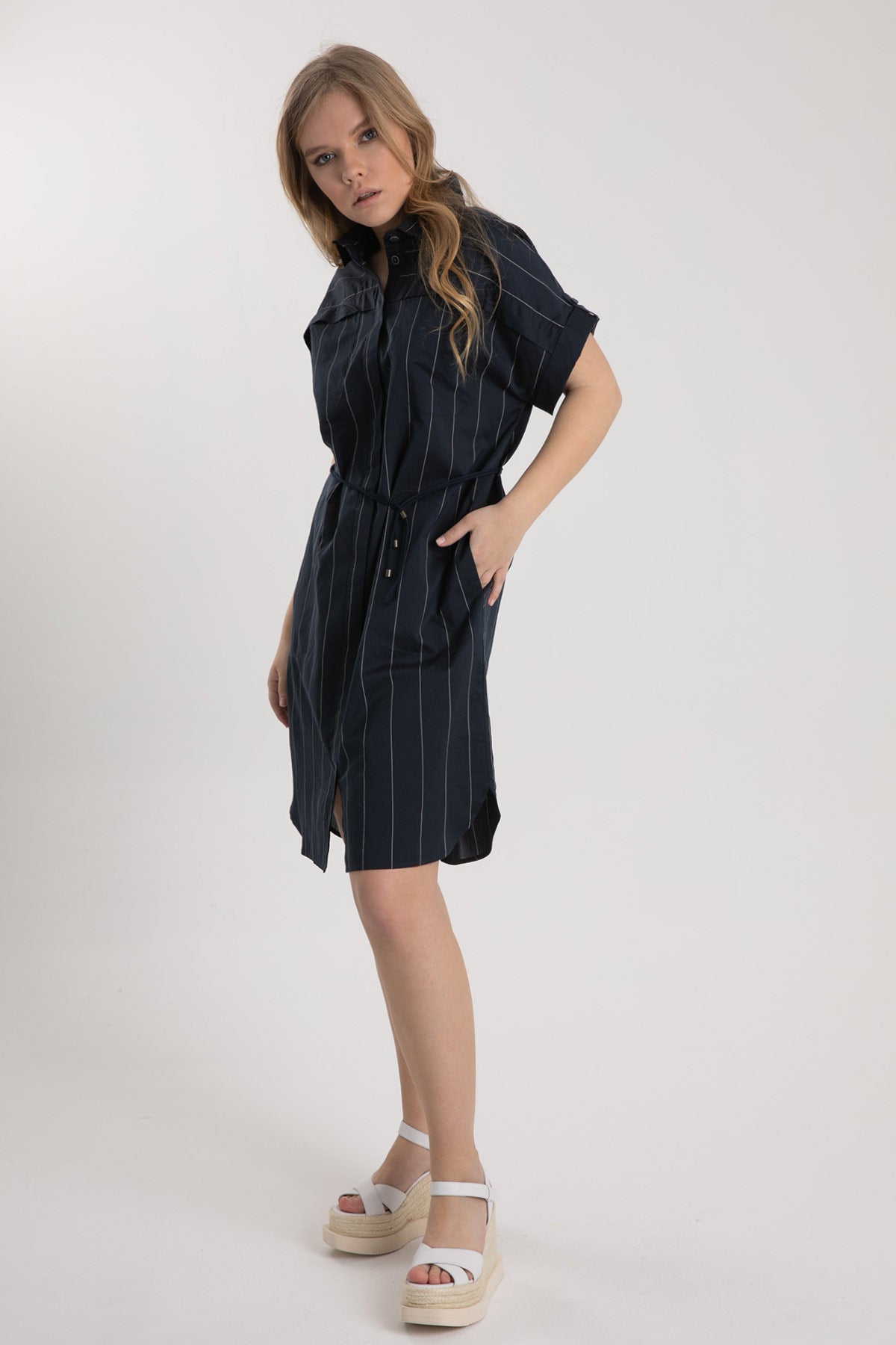 Tonet İpek Karışımlı Çizgili Diz Üstü Elbise-Libas Trendy Fashion Store