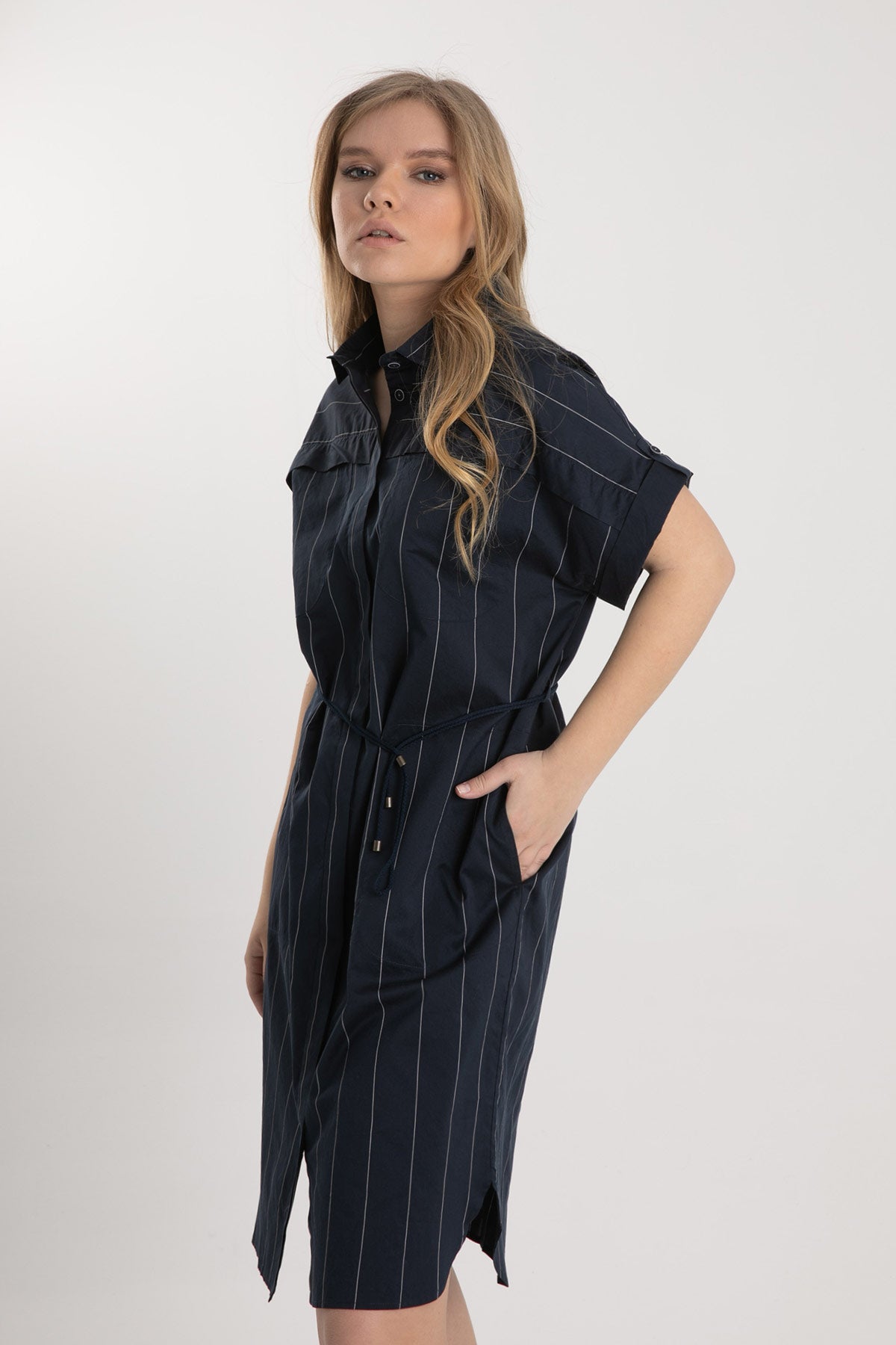Tonet İpek Karışımlı Çizgili Diz Üstü Elbise-Libas Trendy Fashion Store