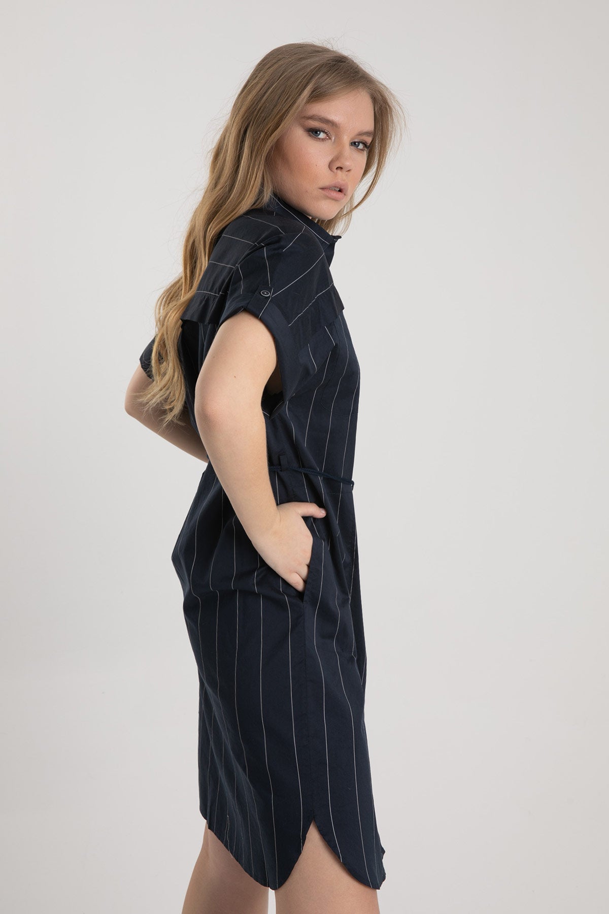 Tonet İpek Karışımlı Çizgili Diz Üstü Elbise-Libas Trendy Fashion Store