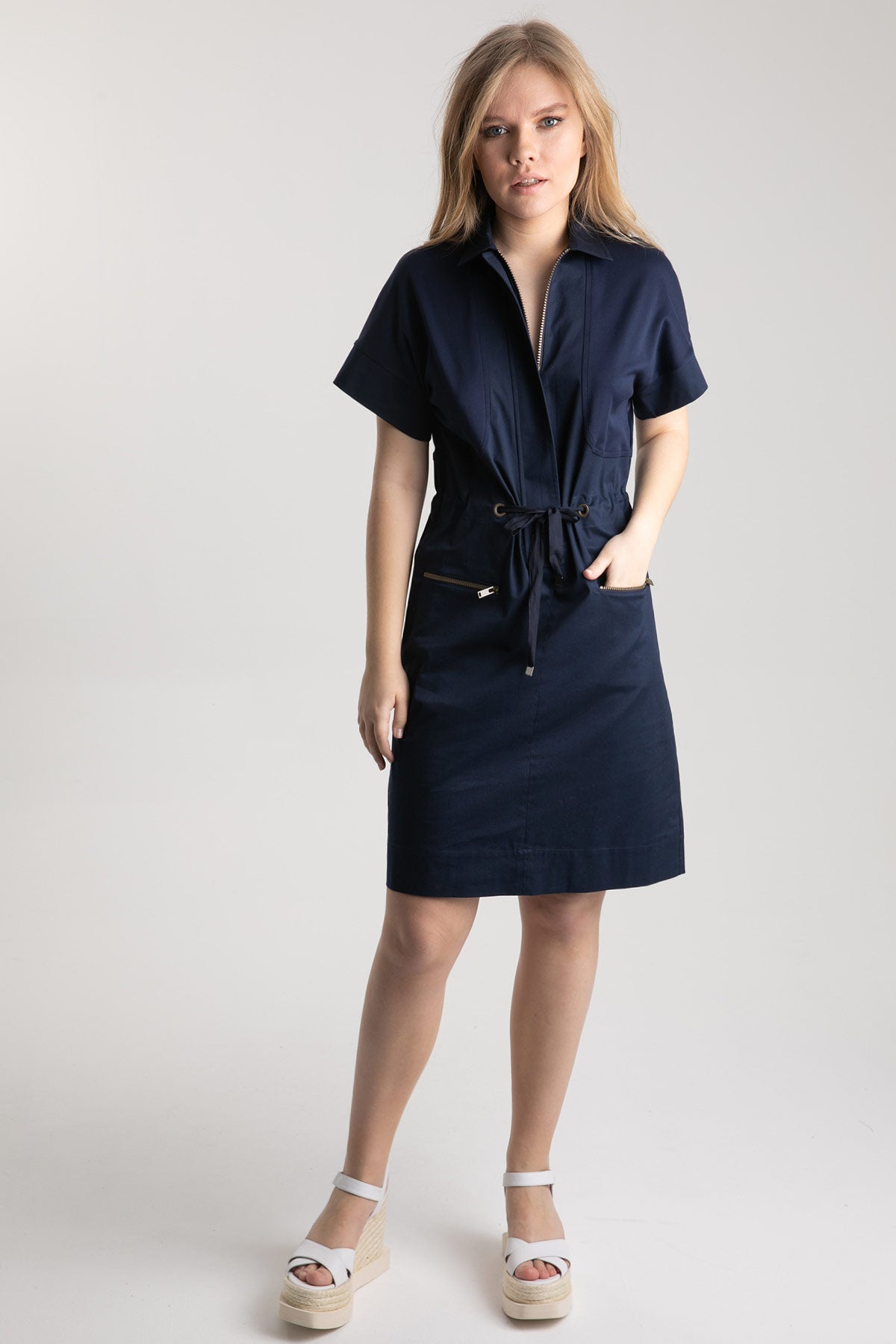 Tonet Fermuarlı Belden Büzgülü Diz Üstü Elbise-Libas Trendy Fashion Store