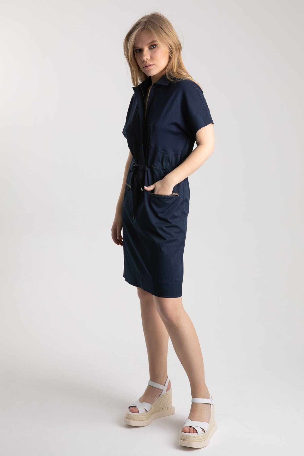 Tonet Fermuarlı Belden Büzgülü Diz Üstü Elbise-Libas Trendy Fashion Store