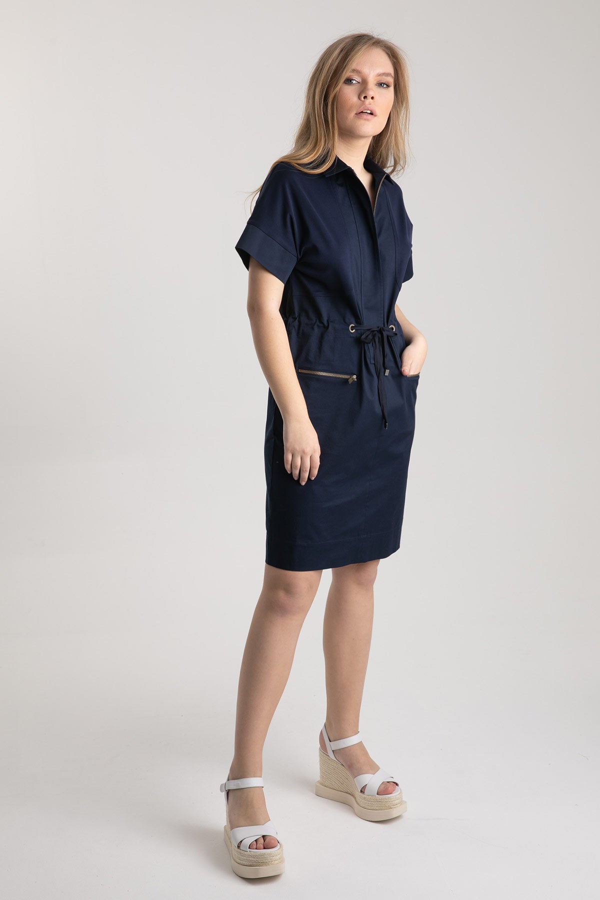 Tonet Fermuarlı Belden Büzgülü Diz Üstü Elbise-Libas Trendy Fashion Store