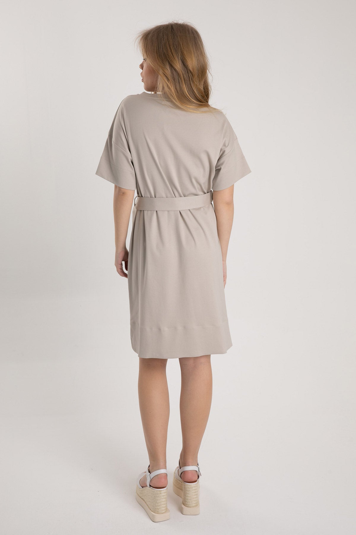 Tonet Belden Kuşaklı Kısa Kollu Diz Üstü Elbise-Libas Trendy Fashion Store