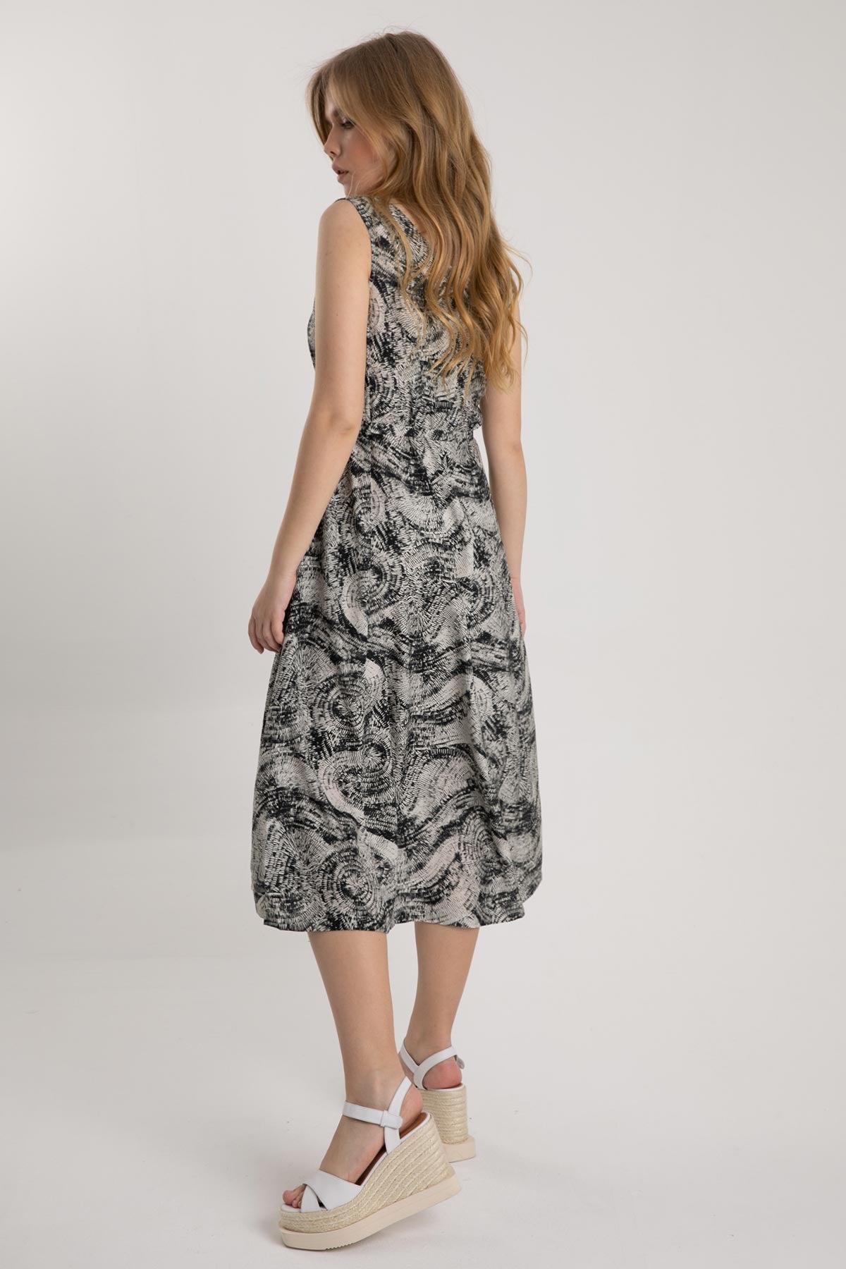 Tonet V Yaka Belden Kuşaklı Midi Elbise-Libas Trendy Fashion Store