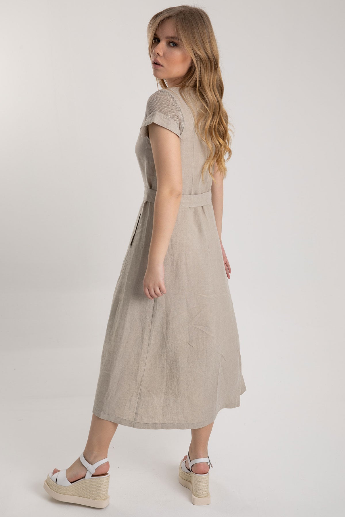 Tonet V Yaka Belden Kuşaklı Midi Keten Elbise-Libas Trendy Fashion Store