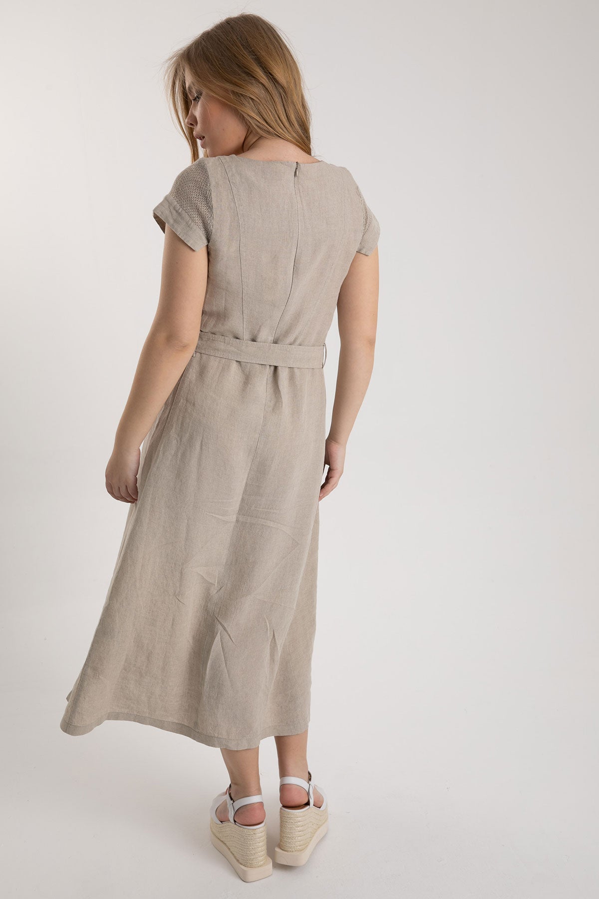 Tonet V Yaka Belden Kuşaklı Midi Keten Elbise-Libas Trendy Fashion Store