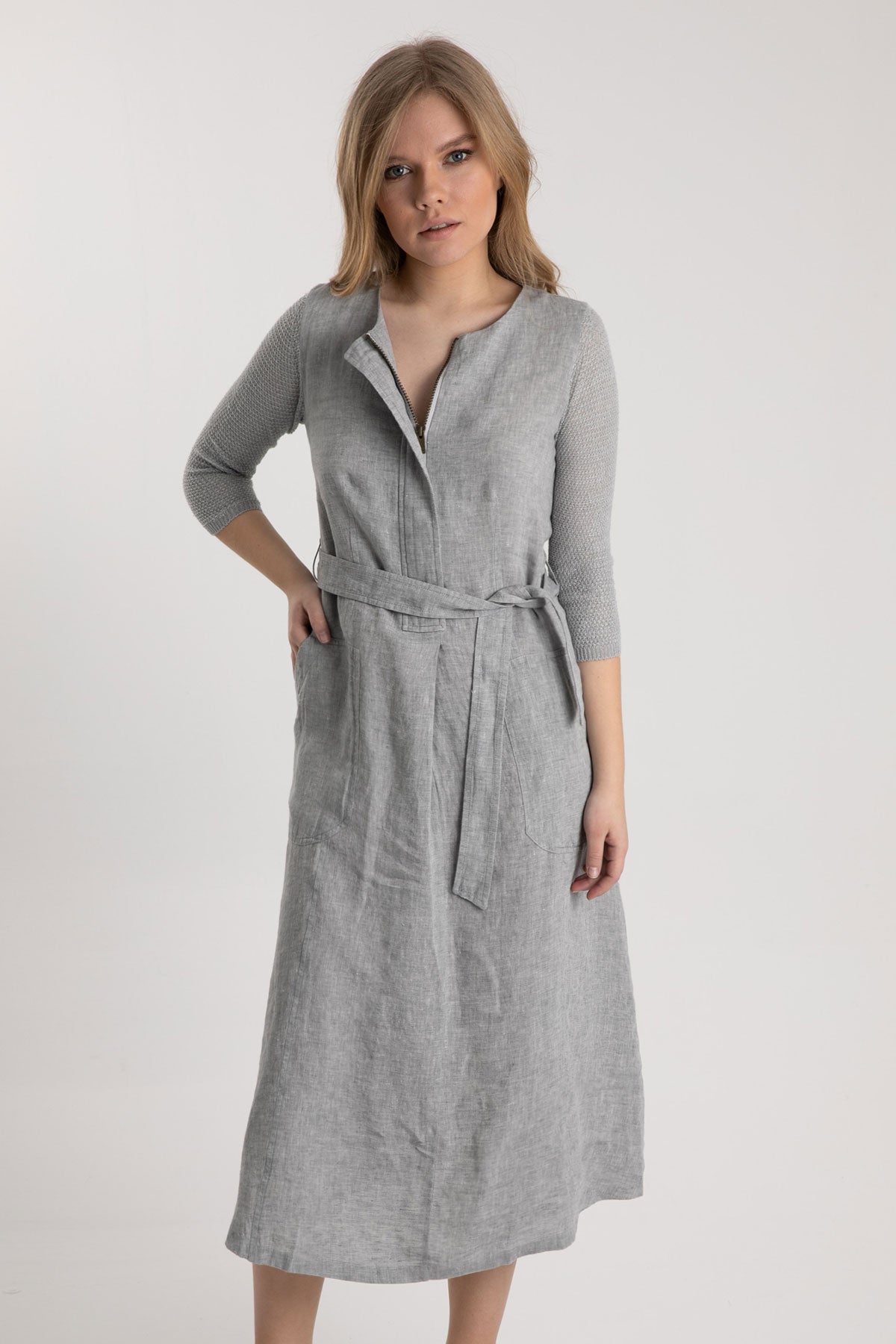 Tonet Truvakar Kollu Midi Keten Elbise-Libas Trendy Fashion Store