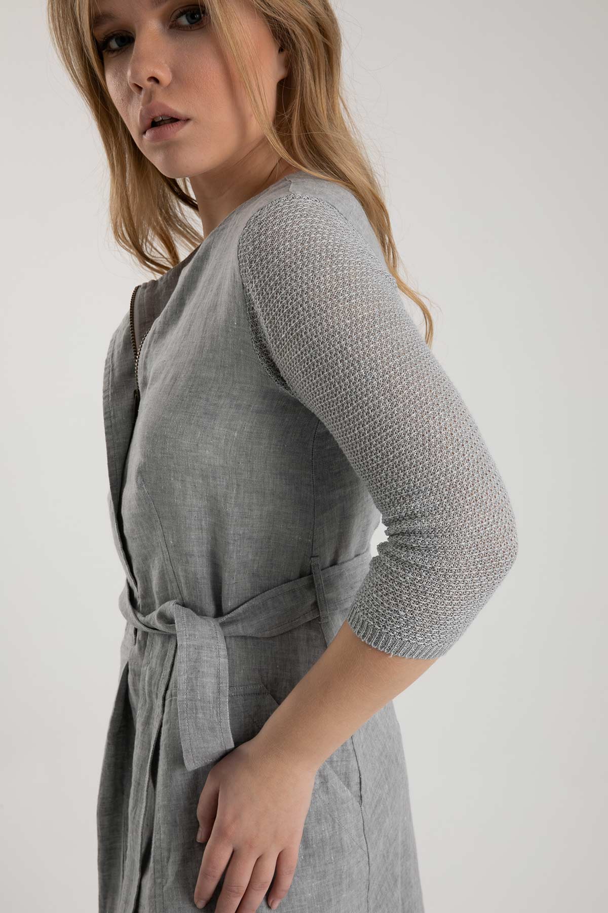 Tonet Truvakar Kollu Midi Keten Elbise-Libas Trendy Fashion Store