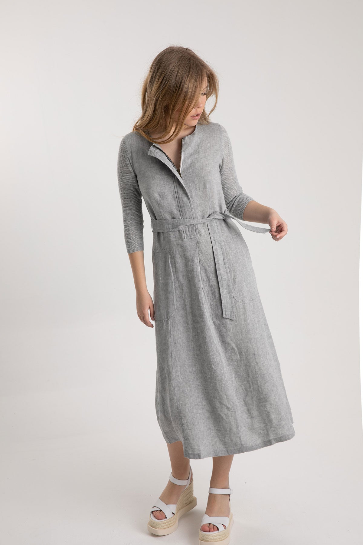 Tonet Truvakar Kollu Midi Keten Elbise-Libas Trendy Fashion Store