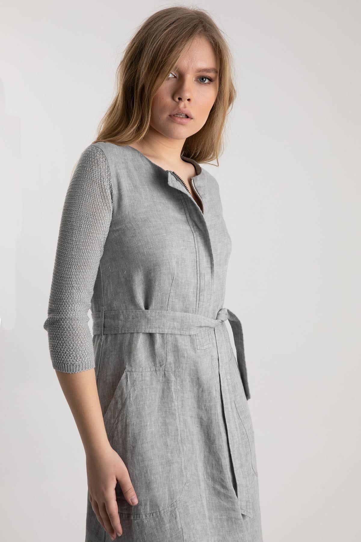 Tonet Truvakar Kollu Midi Keten Elbise-Libas Trendy Fashion Store