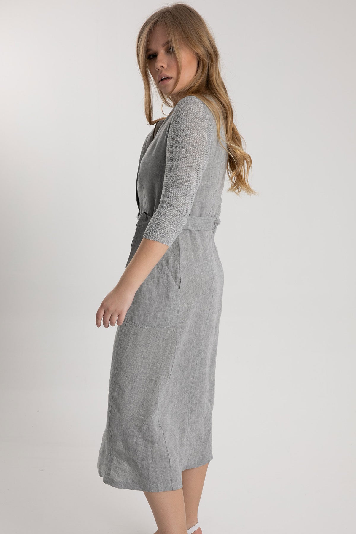 Tonet Truvakar Kollu Midi Keten Elbise-Libas Trendy Fashion Store