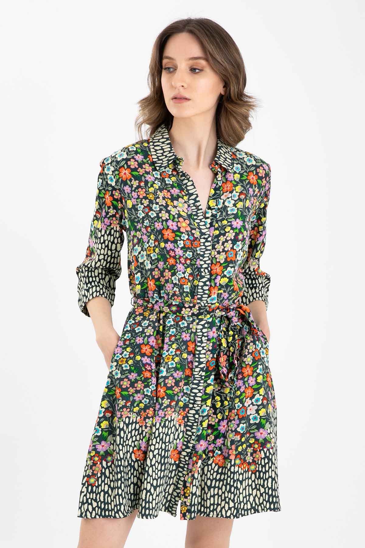 Rene Derhy Belden Kuşaklı Çiçek Desenli Elbise-Libas Trendy Fashion Store