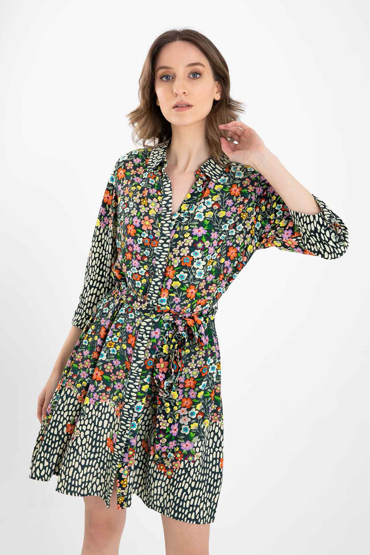 Rene Derhy Belden Kuşaklı Çiçek Desenli Elbise-Libas Trendy Fashion Store