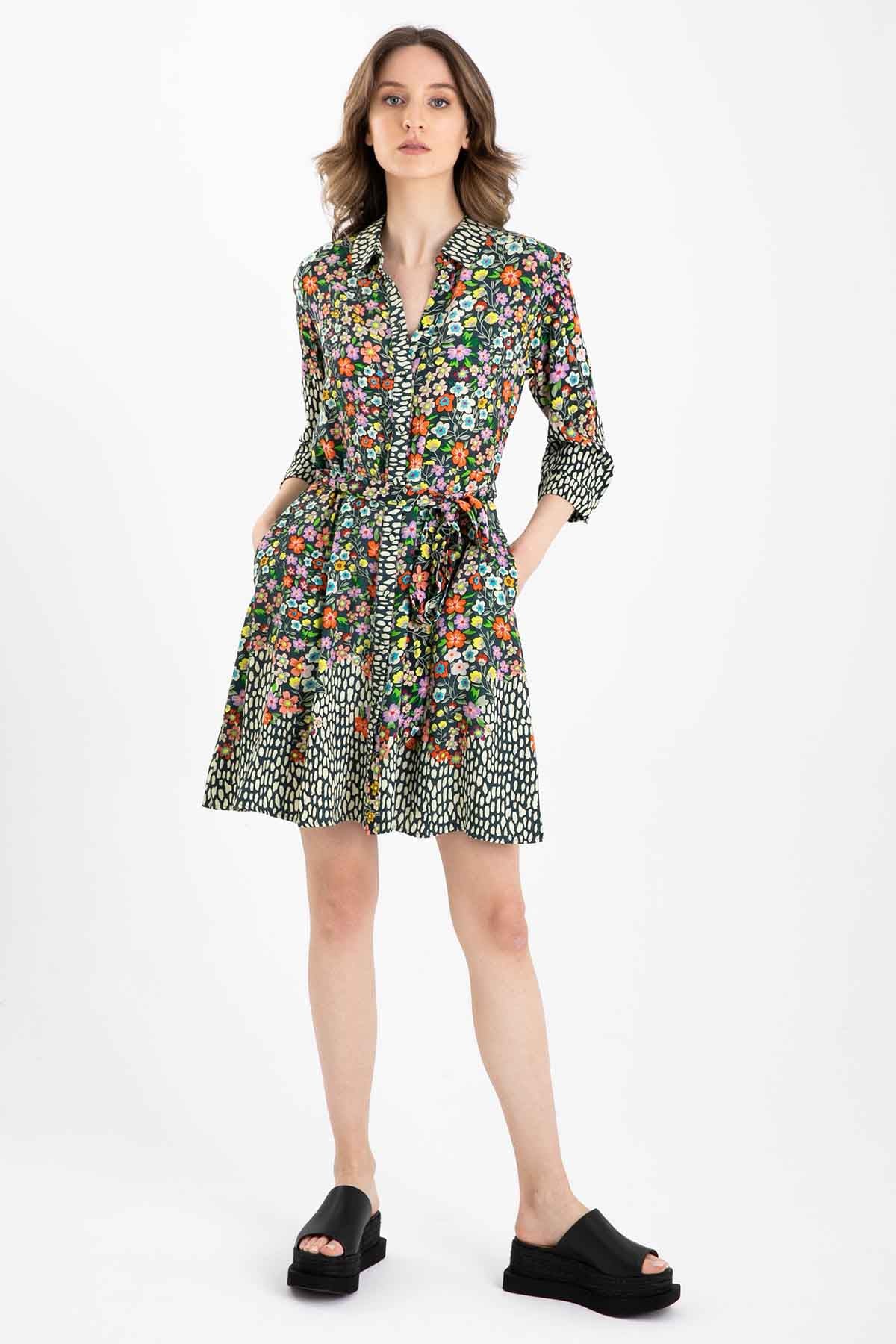 Rene Derhy Belden Kuşaklı Çiçek Desenli Elbise-Libas Trendy Fashion Store