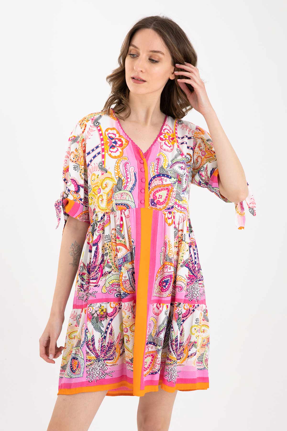 Rene Derhy V Yaka Mini Elbise-Libas Trendy Fashion Store