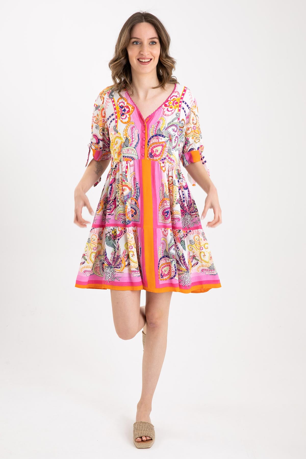 Rene Derhy V Yaka Mini Elbise-Libas Trendy Fashion Store