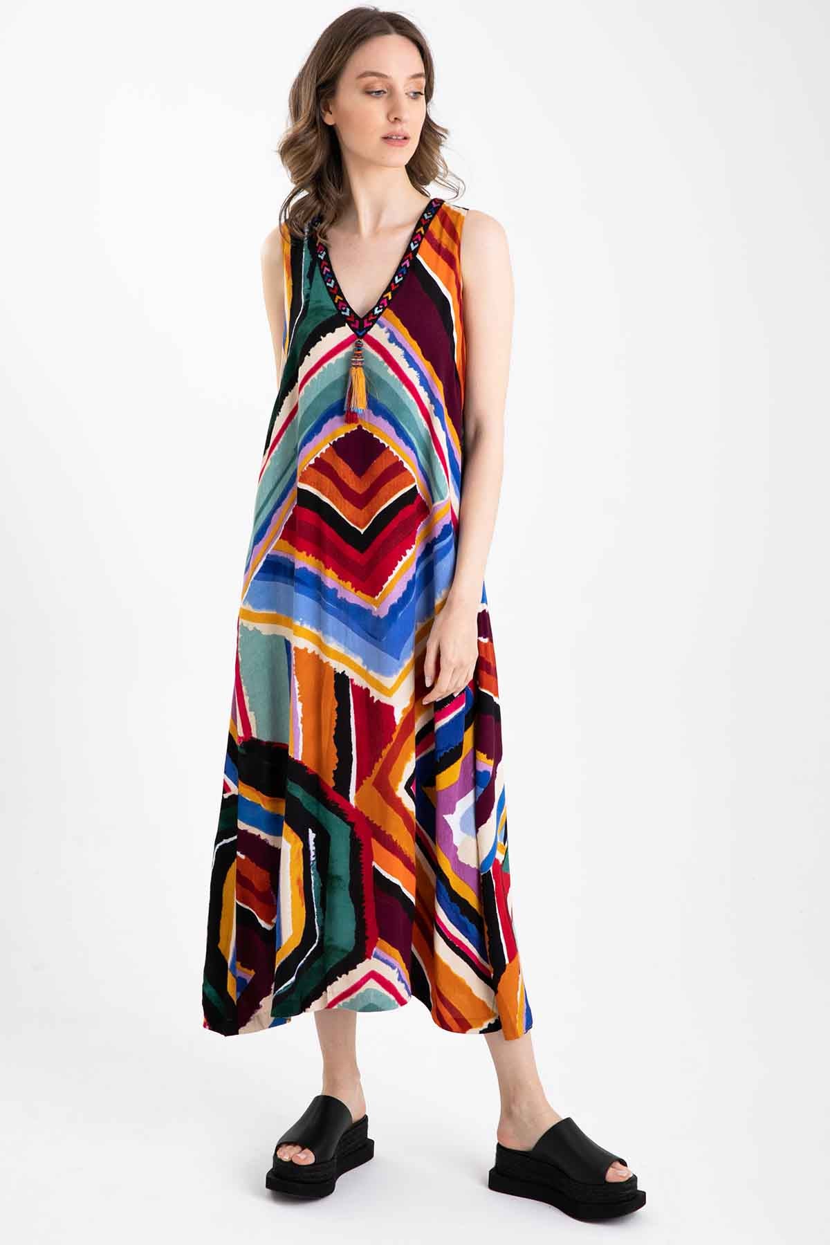 Rene Derhy V Yaka Desenli Maxi Elbise-Libas Trendy Fashion Store