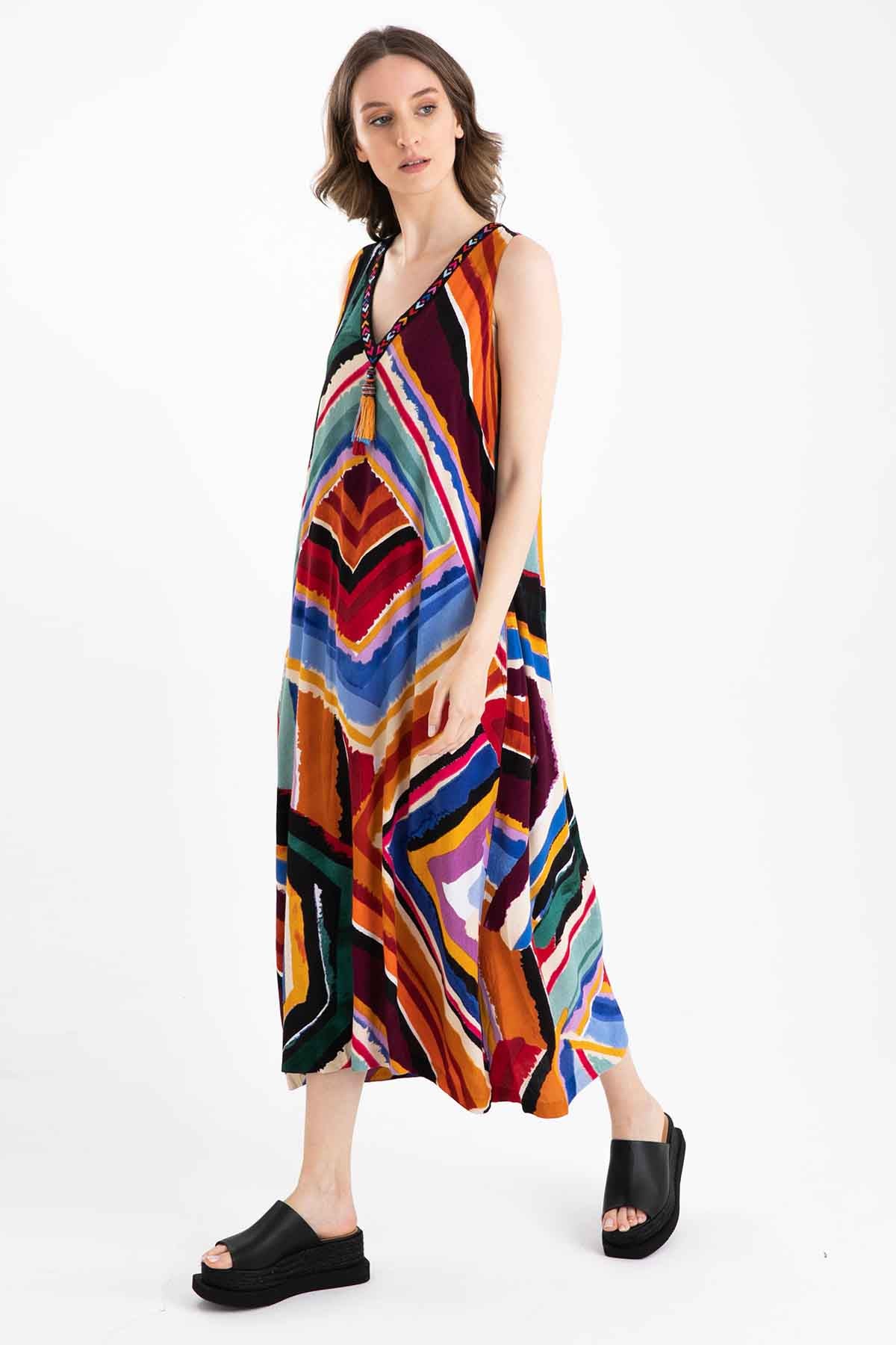 Rene Derhy V Yaka Desenli Maxi Elbise-Libas Trendy Fashion Store