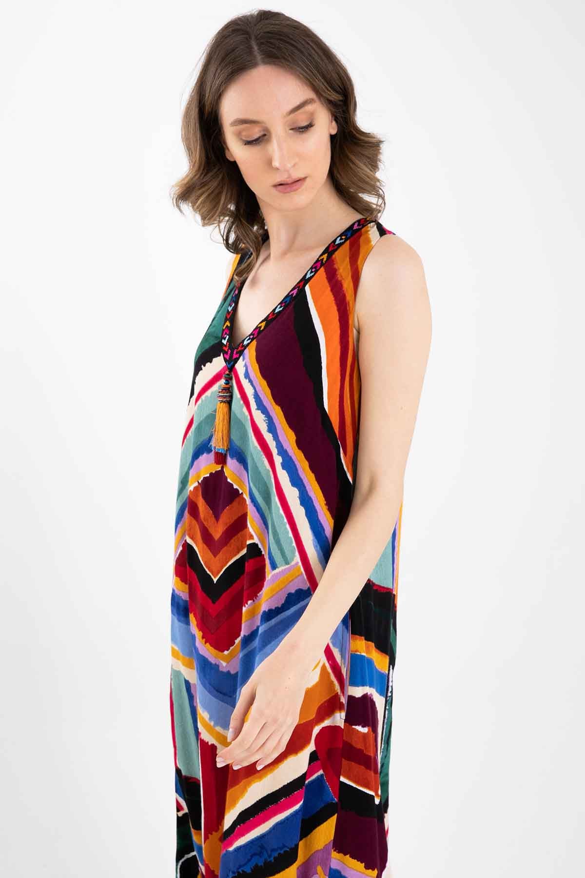 Rene Derhy V Yaka Desenli Maxi Elbise-Libas Trendy Fashion Store