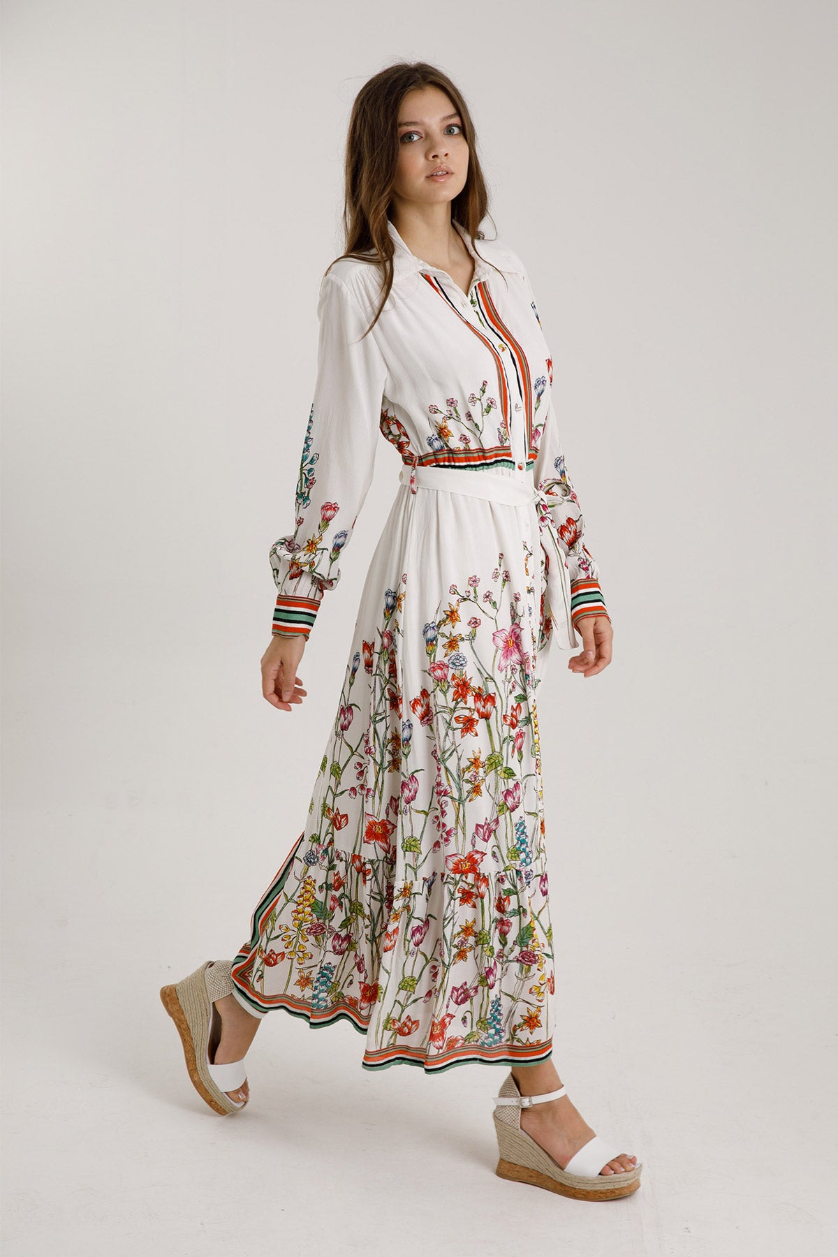 Rene Derhy Klasik Yaka Belden Bağlamalı Maxi Elbise-Libas Trendy Fashion Store