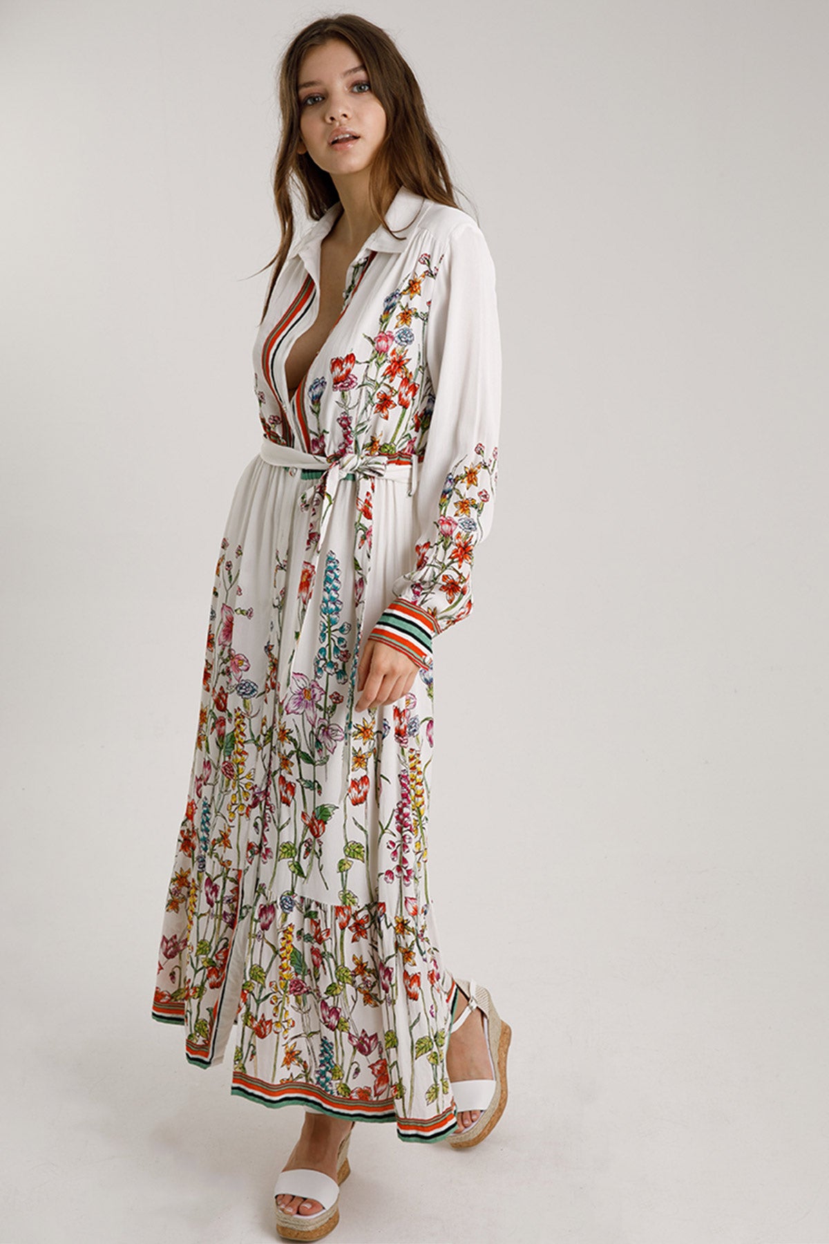 Rene Derhy Klasik Yaka Belden Bağlamalı Maxi Elbise-Libas Trendy Fashion Store