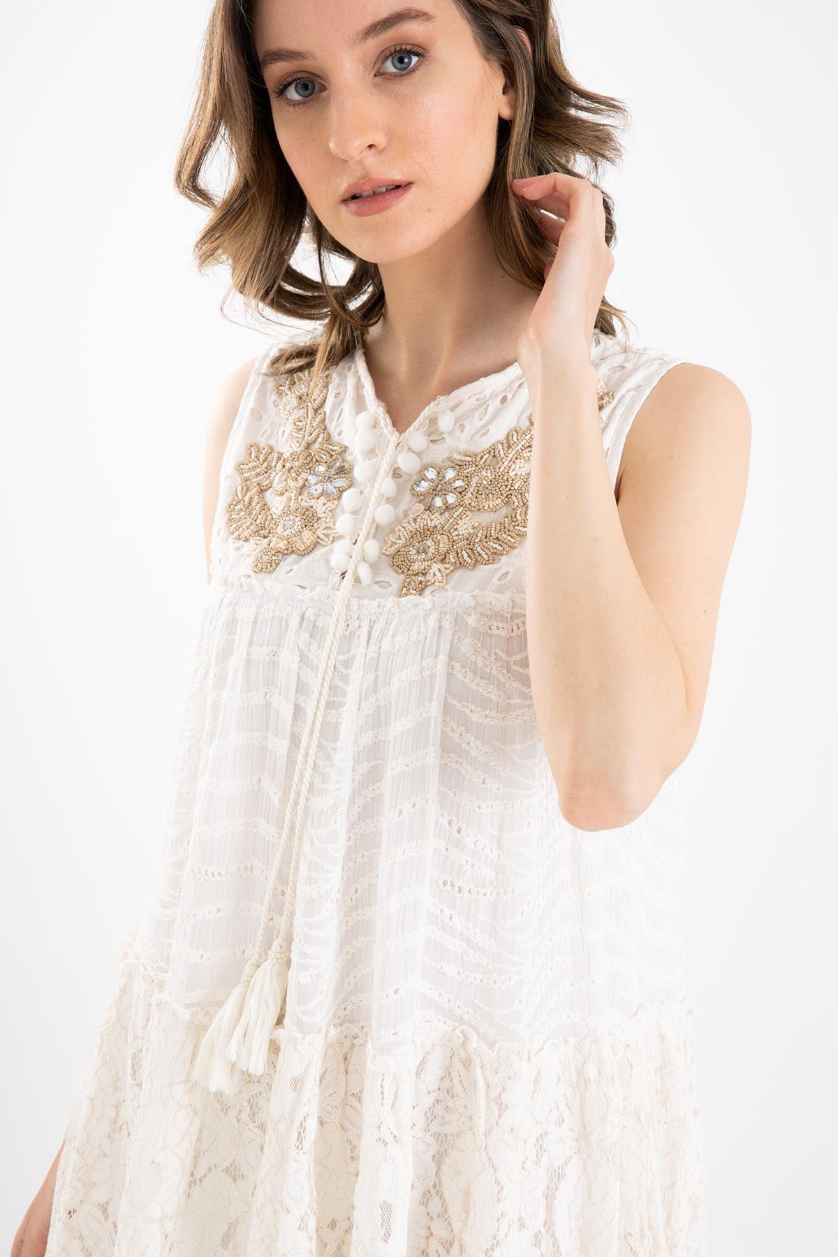Rene Derhy Yaka Aksesuar Detaylı Diz Üstü Elbise-Libas Trendy Fashion Store