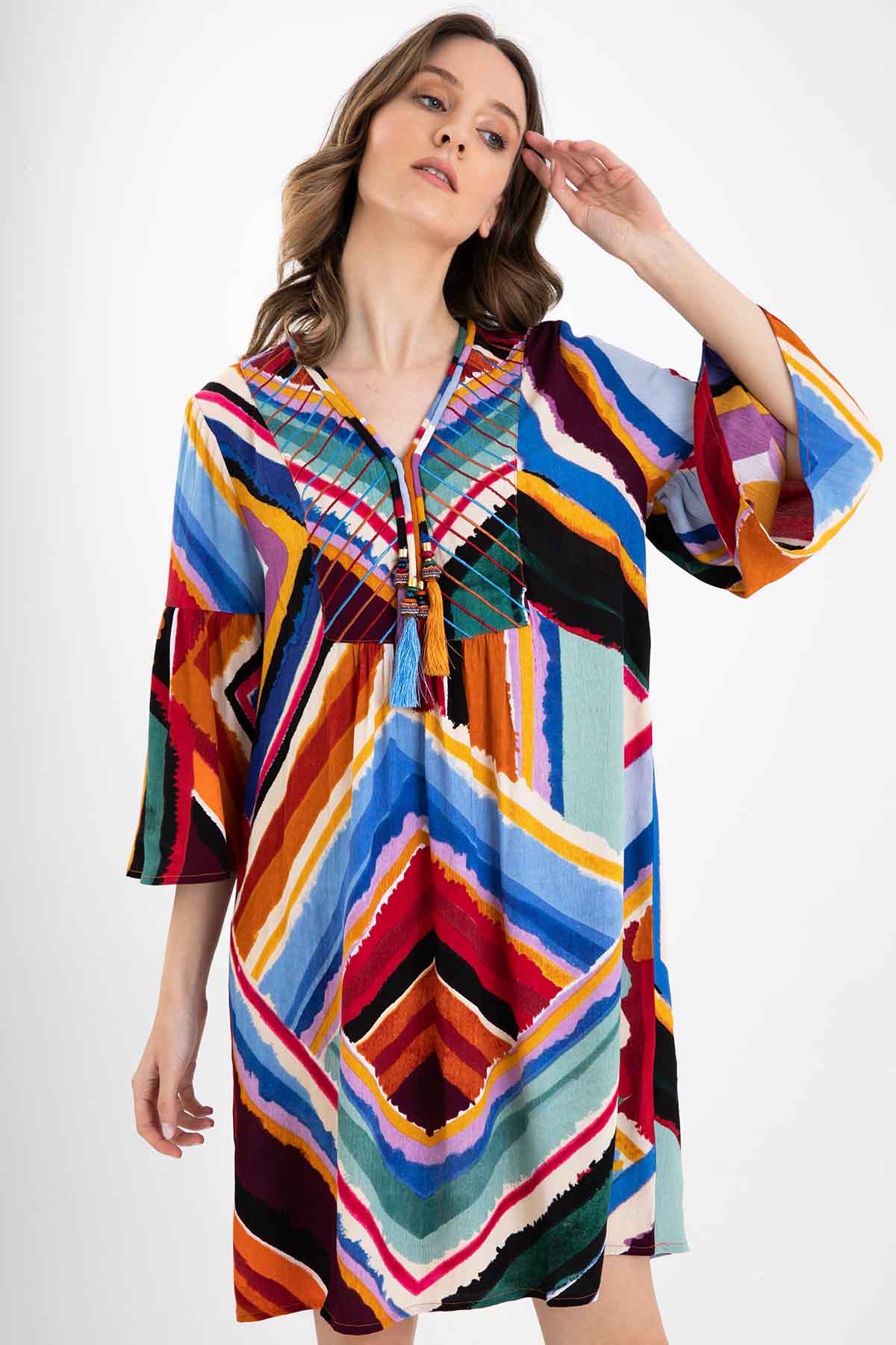 Rene Derhy V Yaka Desenli Elbise-Libas Trendy Fashion Store