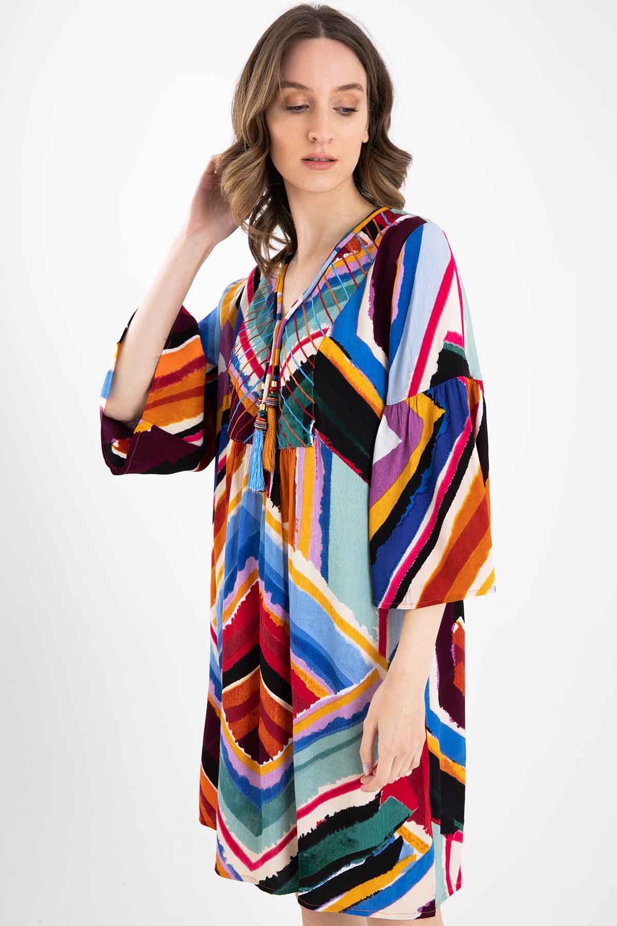 Rene Derhy V Yaka Desenli Elbise-Libas Trendy Fashion Store