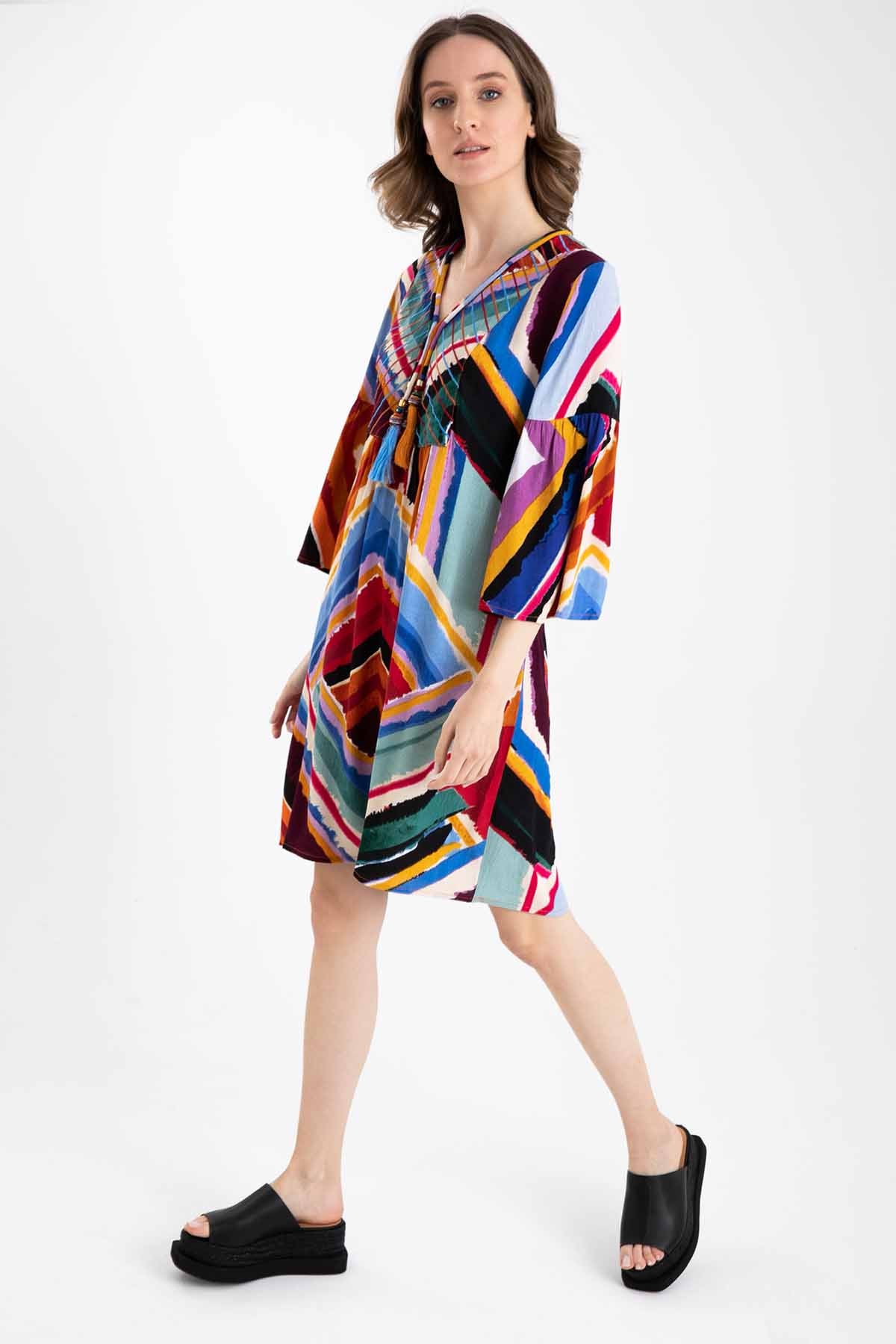 Rene Derhy V Yaka Desenli Elbise-Libas Trendy Fashion Store