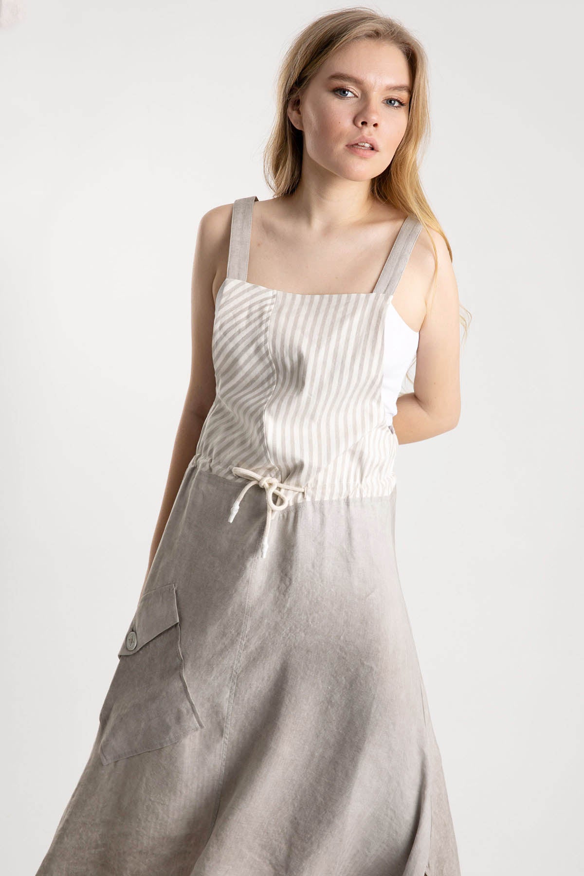 Crea Concept Kalın Askılı Belden Büzgülü Elbise-Libas Trendy Fashion Store