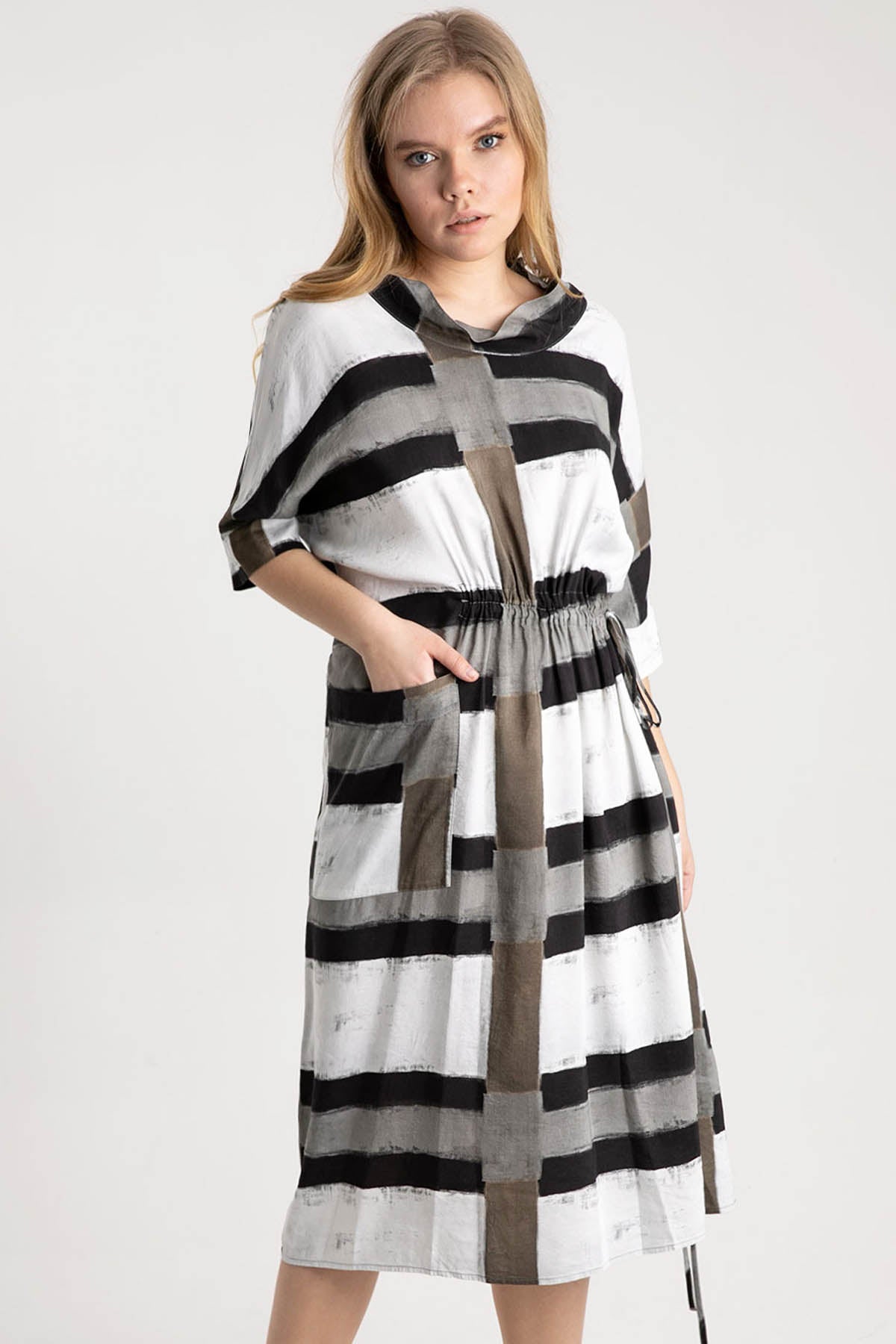 Crea Concept Belden Büzgülü Degaje Yaka Midi Elbise-Libas Trendy Fashion Store