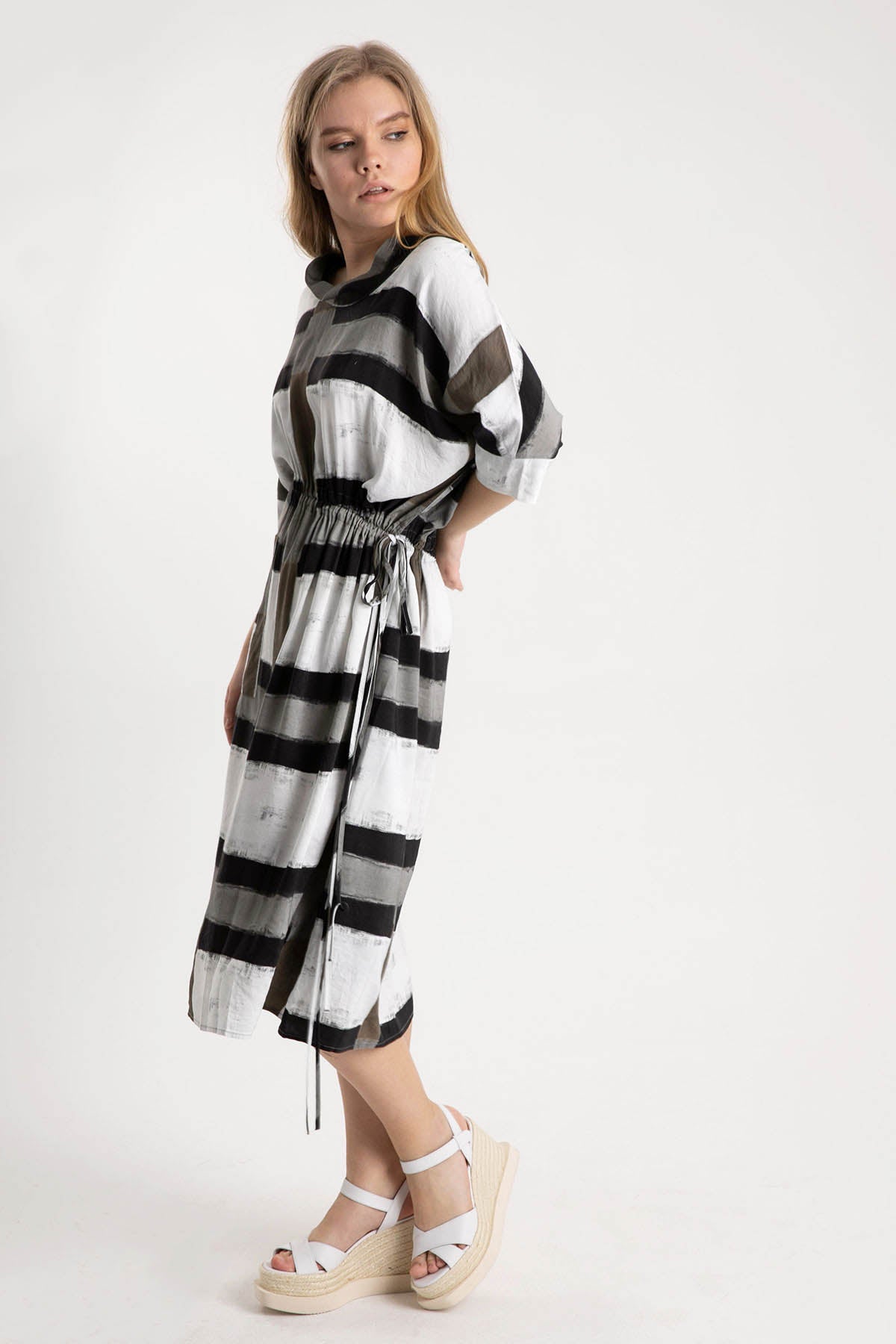 Crea Concept Belden Büzgülü Degaje Yaka Midi Elbise-Libas Trendy Fashion Store