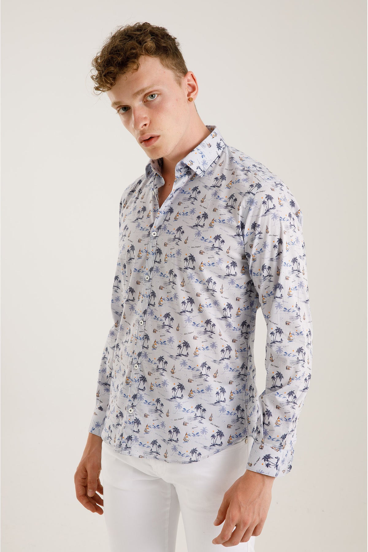 Poggianti Klasik Yaka Palmiye Desenli Pisa Gömlek-Libas Trendy Fashion Store