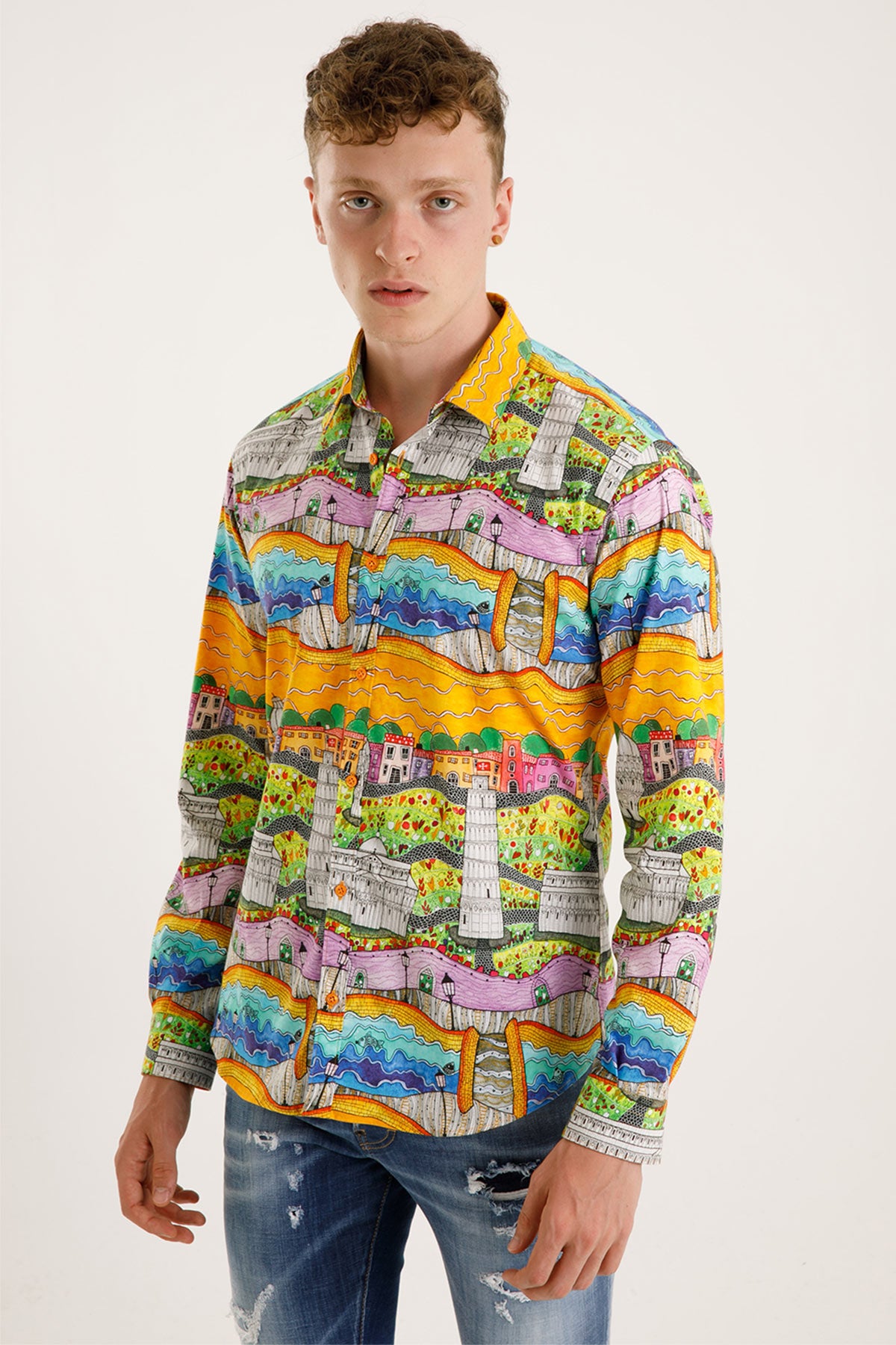 Poggianti Klasik Yaka Şehir Desenli Pisa Gömlek-Libas Trendy Fashion Store