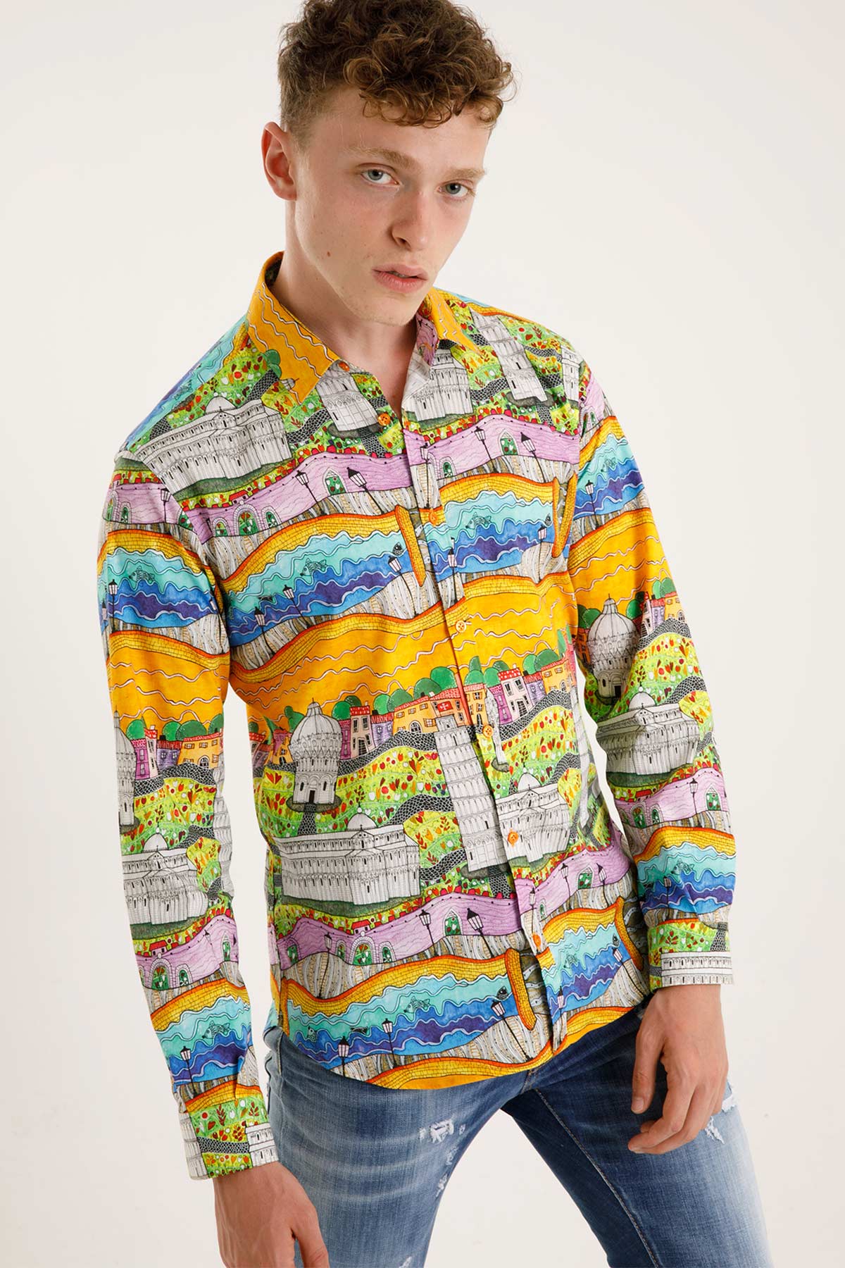 Poggianti Klasik Yaka Şehir Desenli Pisa Gömlek-Libas Trendy Fashion Store