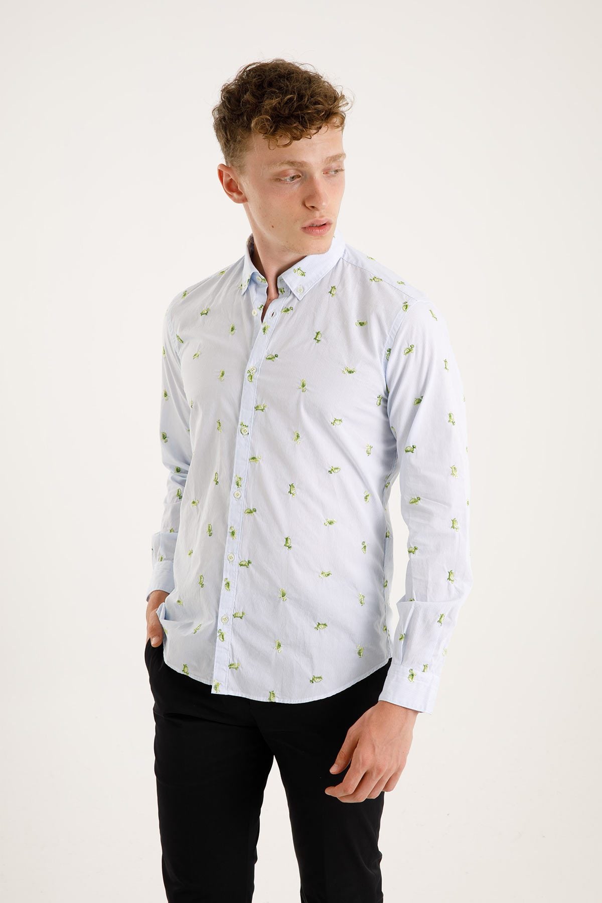 Poggianti Düğmeli Yaka Nakış Kaplumbağa Desenli Pisa Gömlek-Libas Trendy Fashion Store