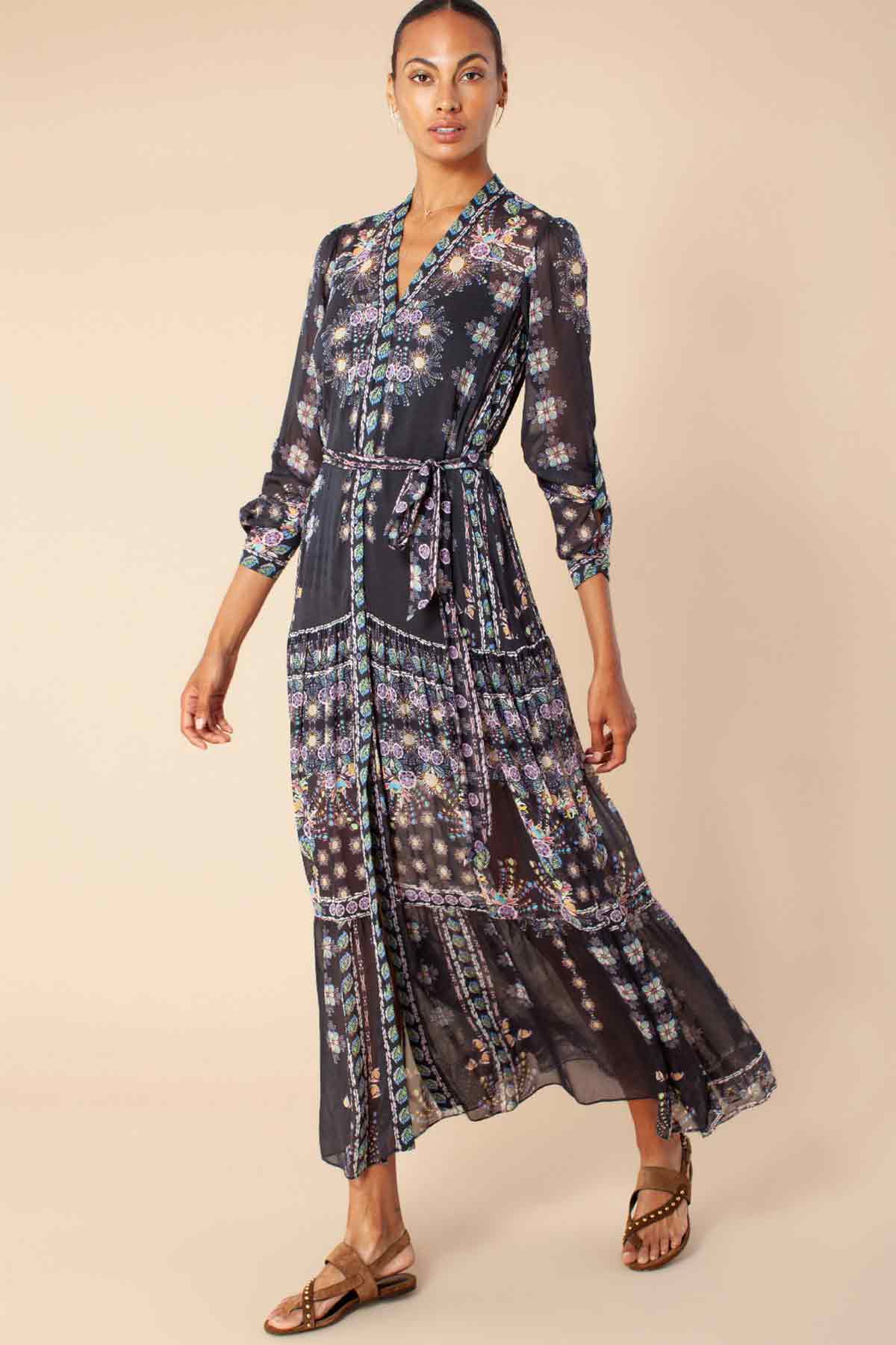 Hale Bob Belden Kuşaklı Desenli Maxi Elbise-Libas Trendy Fashion Store