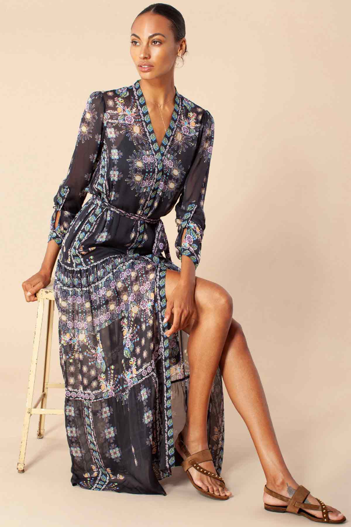 Hale Bob Belden Kuşaklı Desenli Maxi Elbise-Libas Trendy Fashion Store