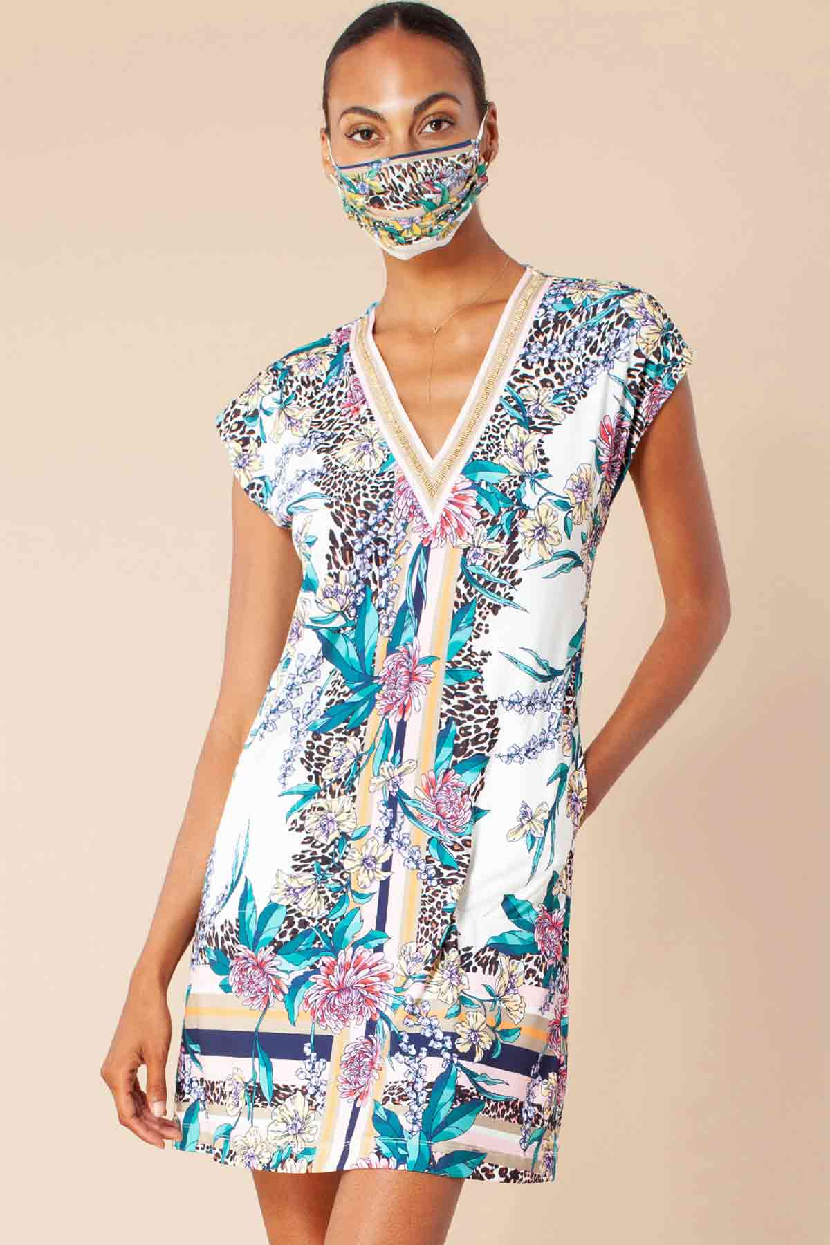 Hale Bob Çiçek Desenli Mini V Yaka Elbise-Libas Trendy Fashion Store