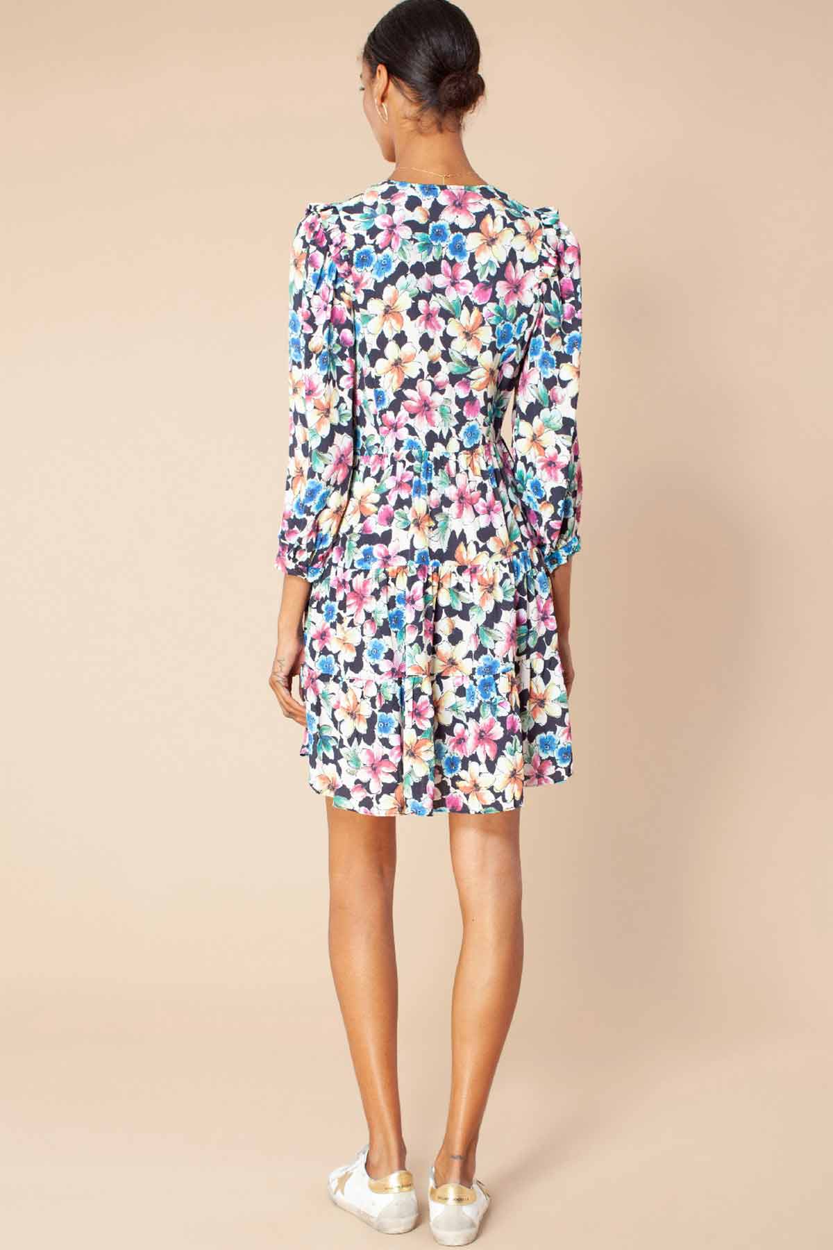 Hale Bob Pileli Çiçek Desenli V Yaka Elbise-Libas Trendy Fashion Store