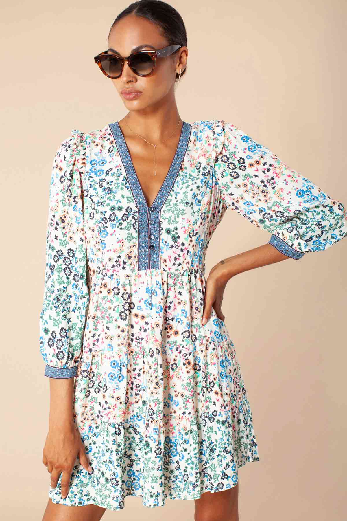 Hale Bob Pileli Çiçek Desenli V Yaka Elbise-Libas Trendy Fashion Store